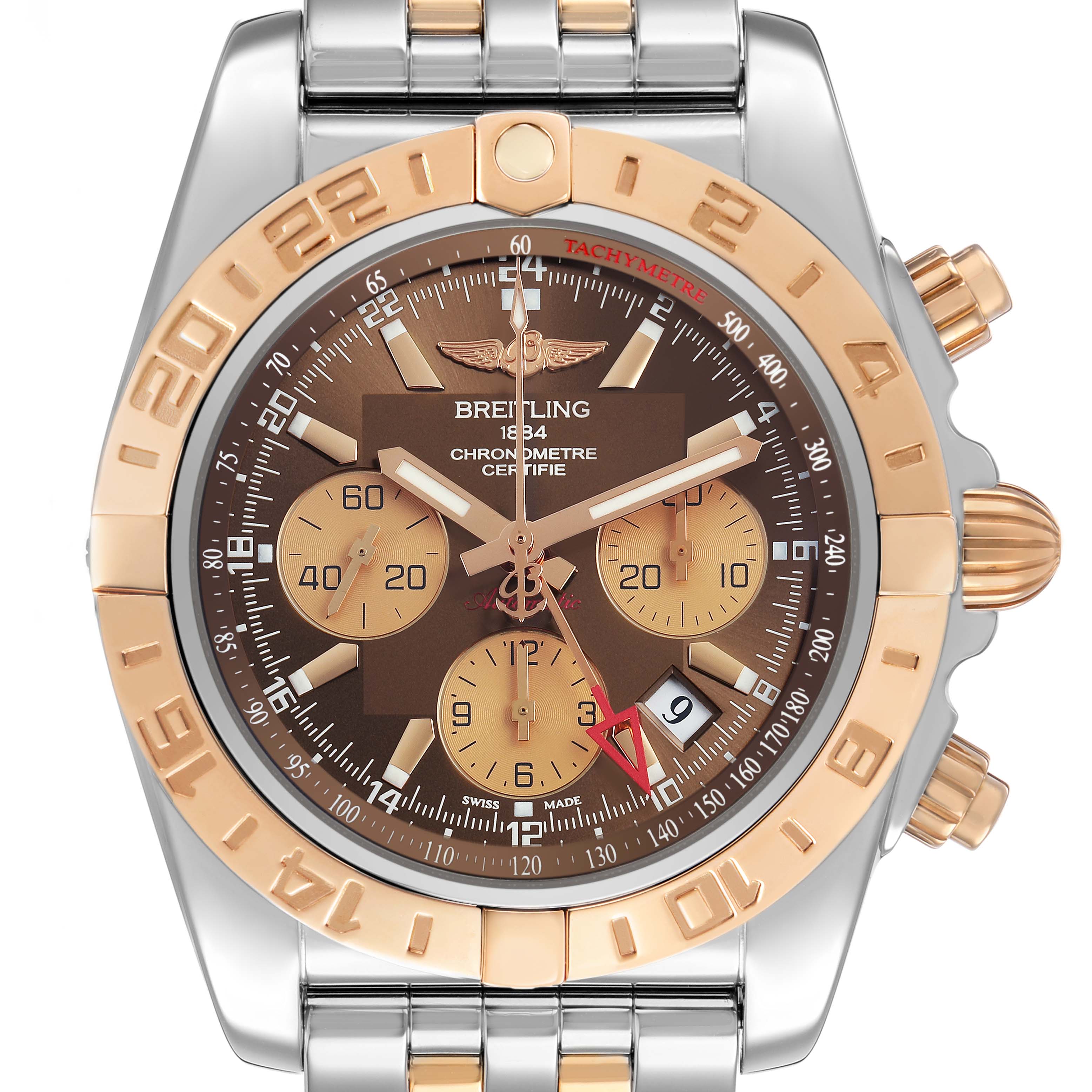 The Breitling Chronomat CB042012/Q590 Men's Stainless Steel Brown Dial watch is shown from the front, featuring its face, bezel, crown, and part of the bracelet.