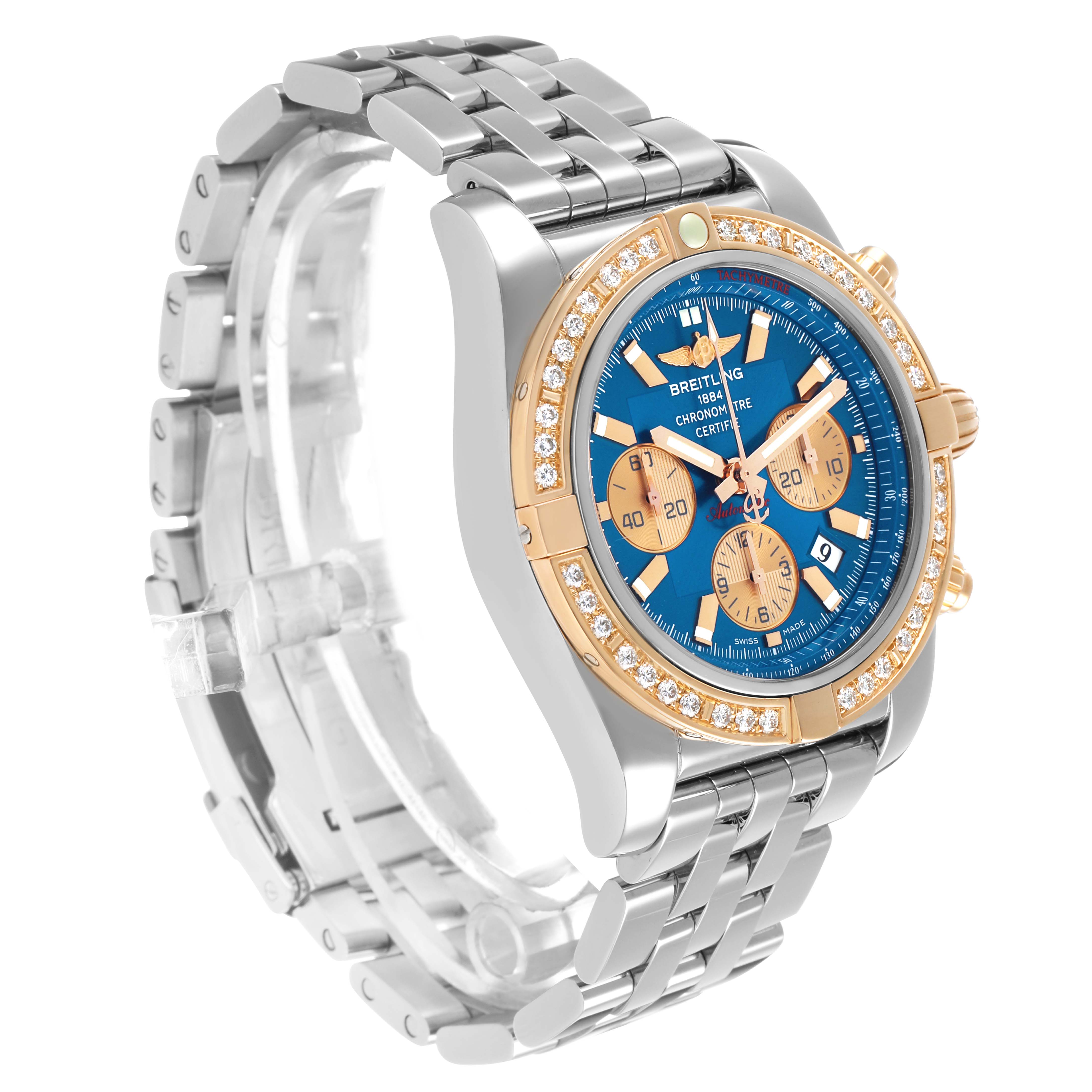 The Breitling Chronomat CB0110 Men's Steel and Gold (two tone) Blue Dial watch is shown at a three-quarter angle, displaying its dial, bezel, and bracelet.