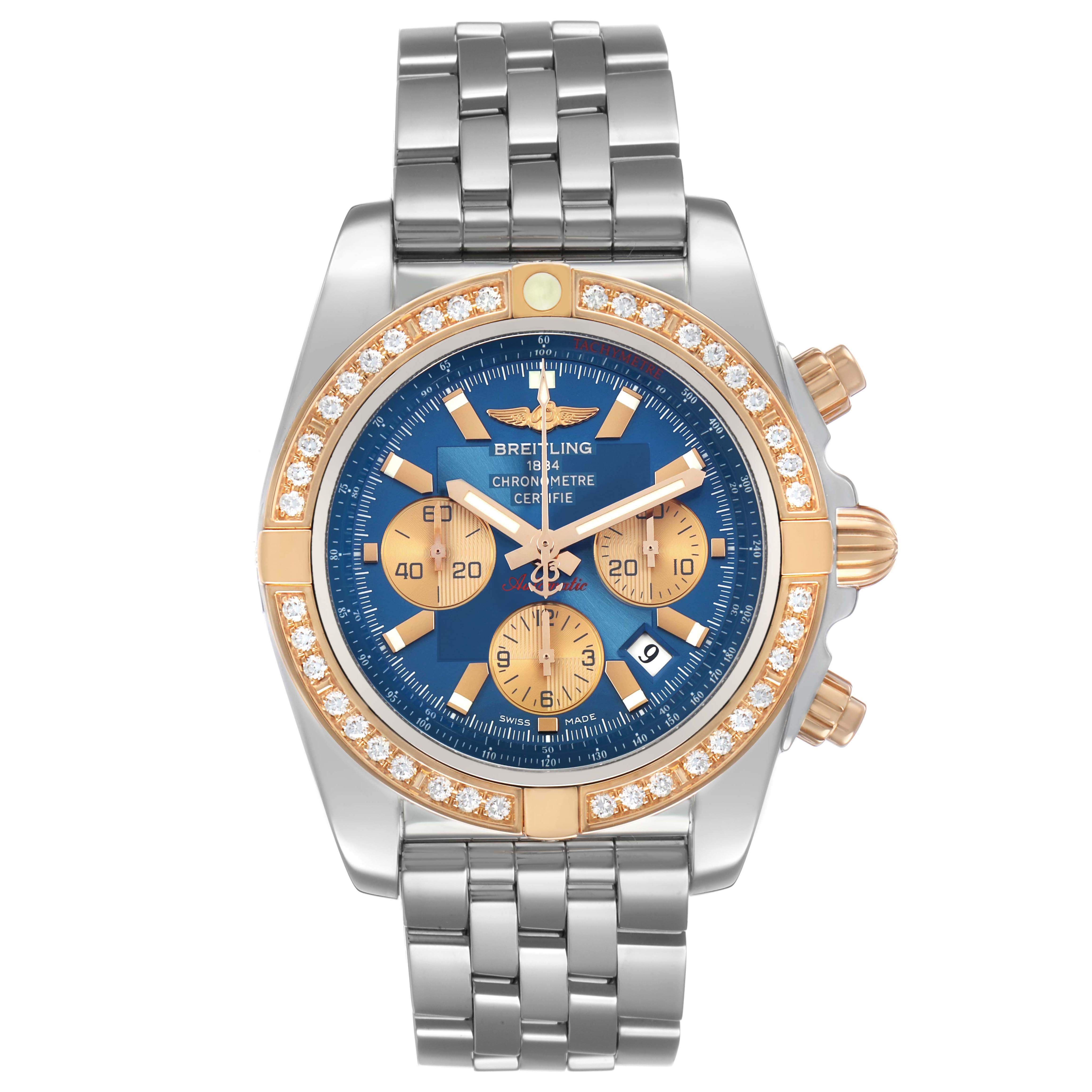 The Breitling Chronomat CB0110 Men's Steel and Gold (two tone) Blue Dial watch is shown from a top-down angle, highlighting its face, bezel, and bracelet.