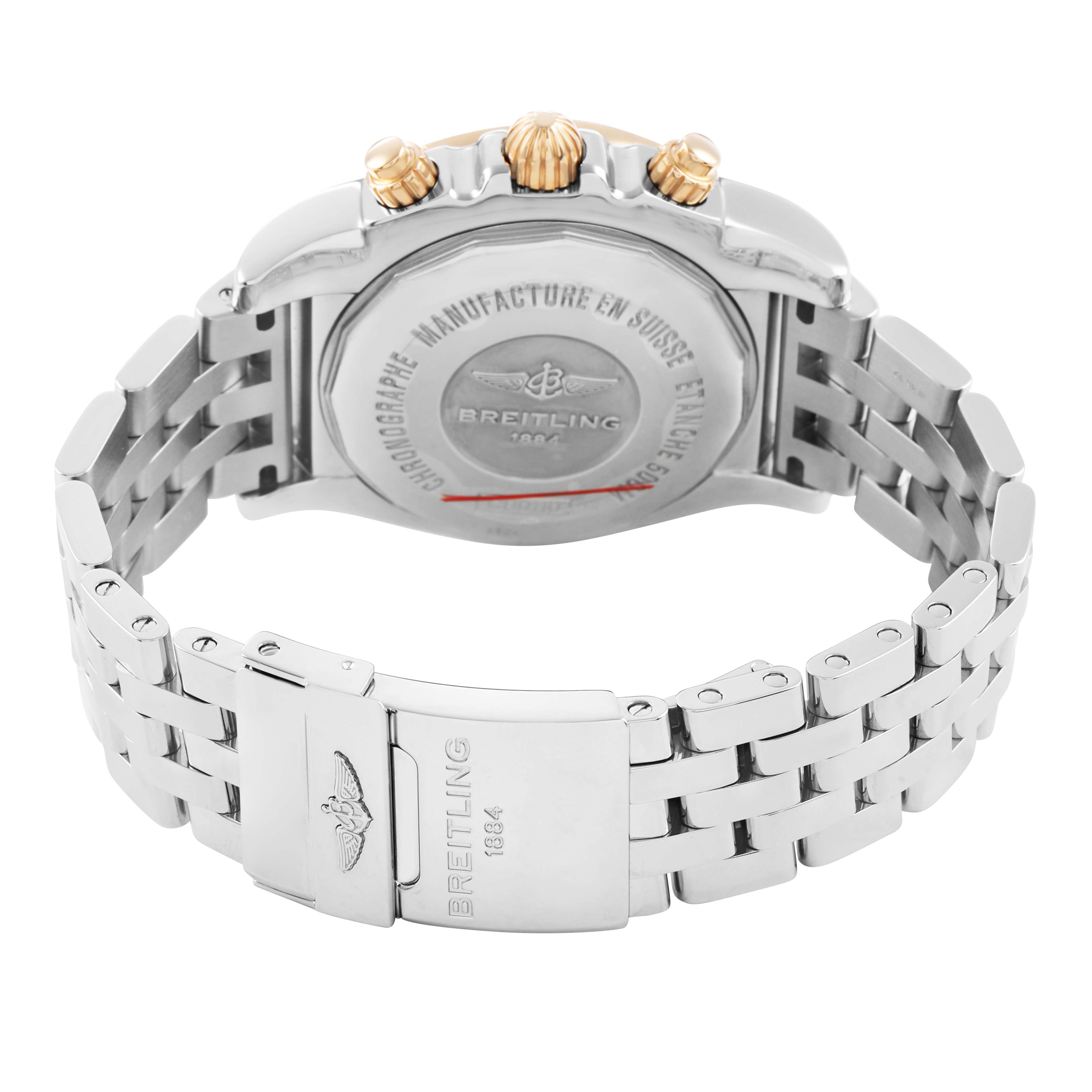 The image shows the back view of a Breitling Chronomat CB0110 Men's Steel and Gold (two tone) Blue Dial watch, highlighting the bracelet, clasp, and case back.