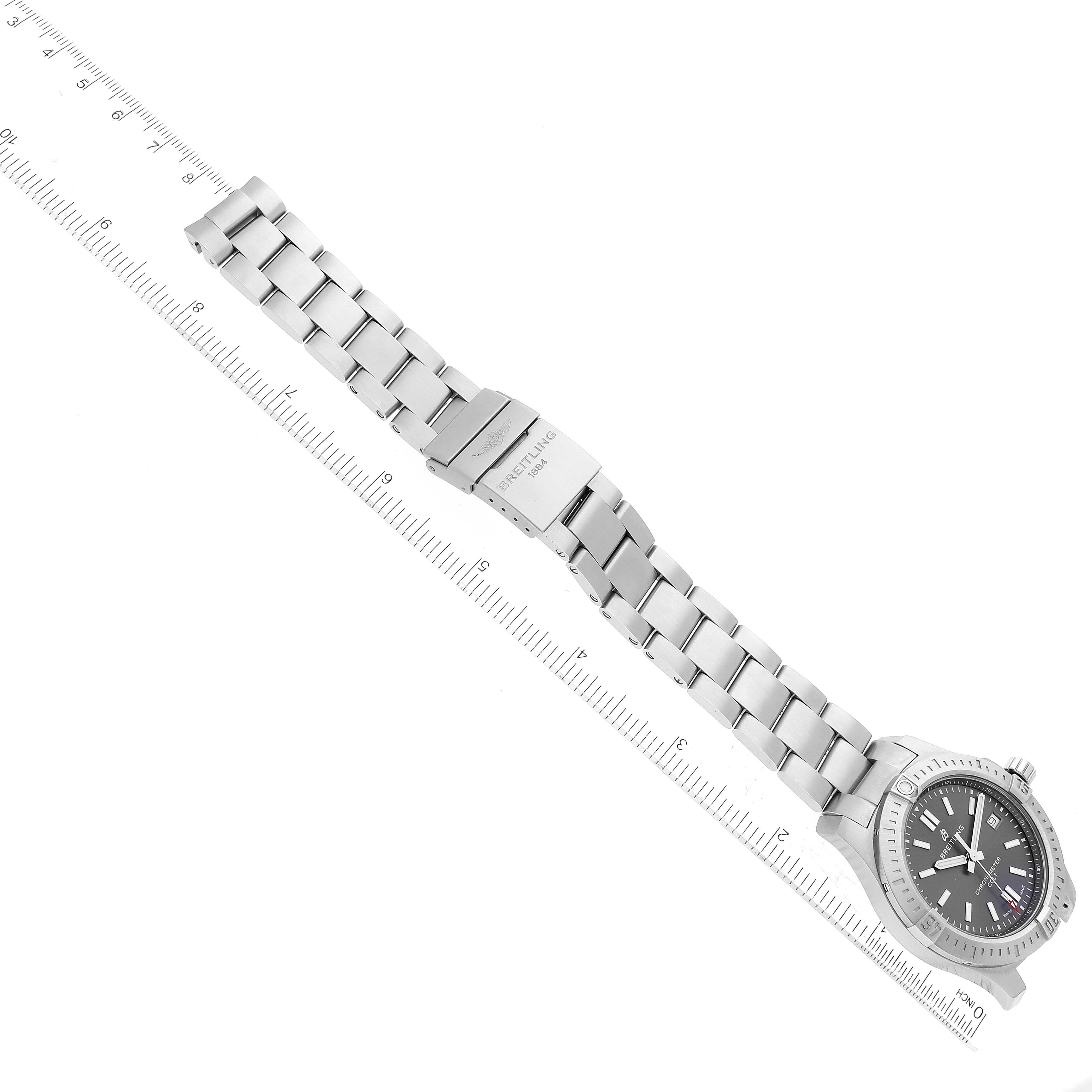 This Breitling Colt A17313 Men's Stainless Steel Grey Dial A17313 Men's Stainless Steel Grey Dial watch is shown fully extended, from the face to the clasp, viewed from above.