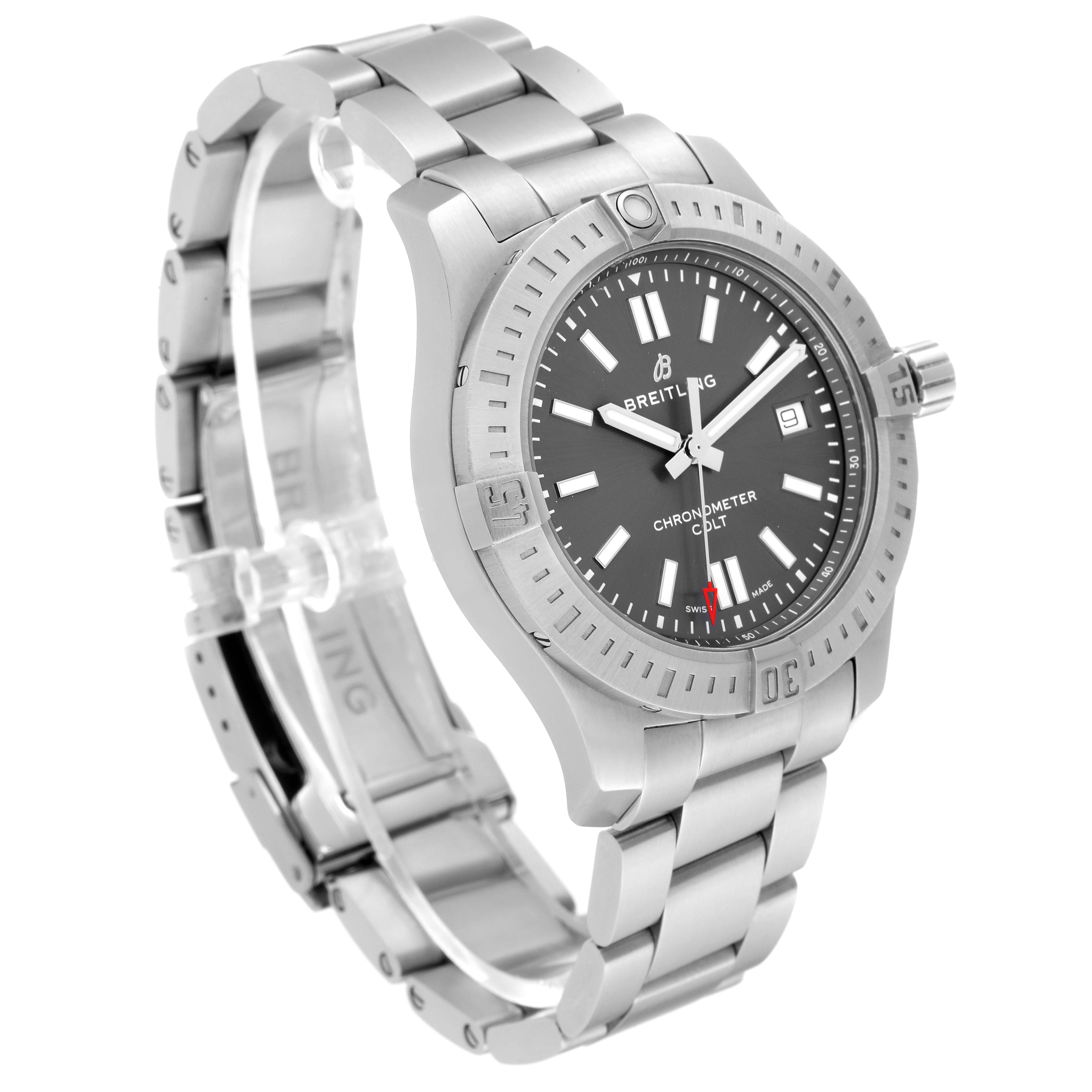 The image shows a side angle of the Breitling Colt A17313 Men's Stainless Steel Grey Dial A17313 Men's Stainless Steel Grey Dial watch, highlighting its stainless steel case, bracelet, and black dial face.