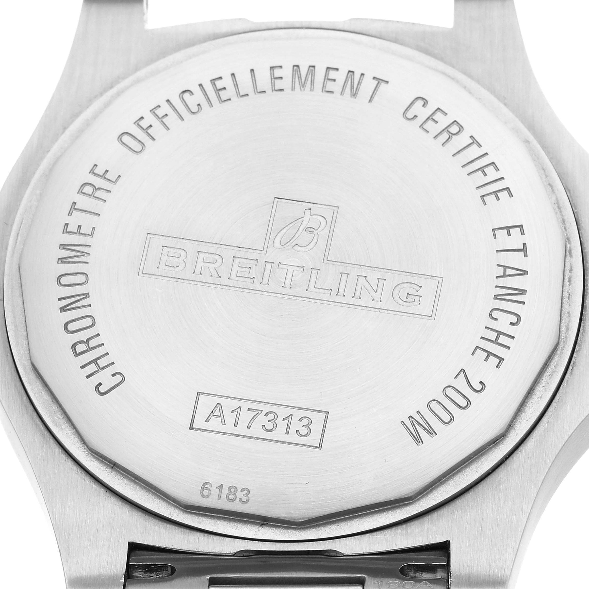 The image shows the case back of a Breitling Colt A17313 Men's Stainless Steel Grey Dial A17313 Men's Stainless Steel Grey Dial watch.