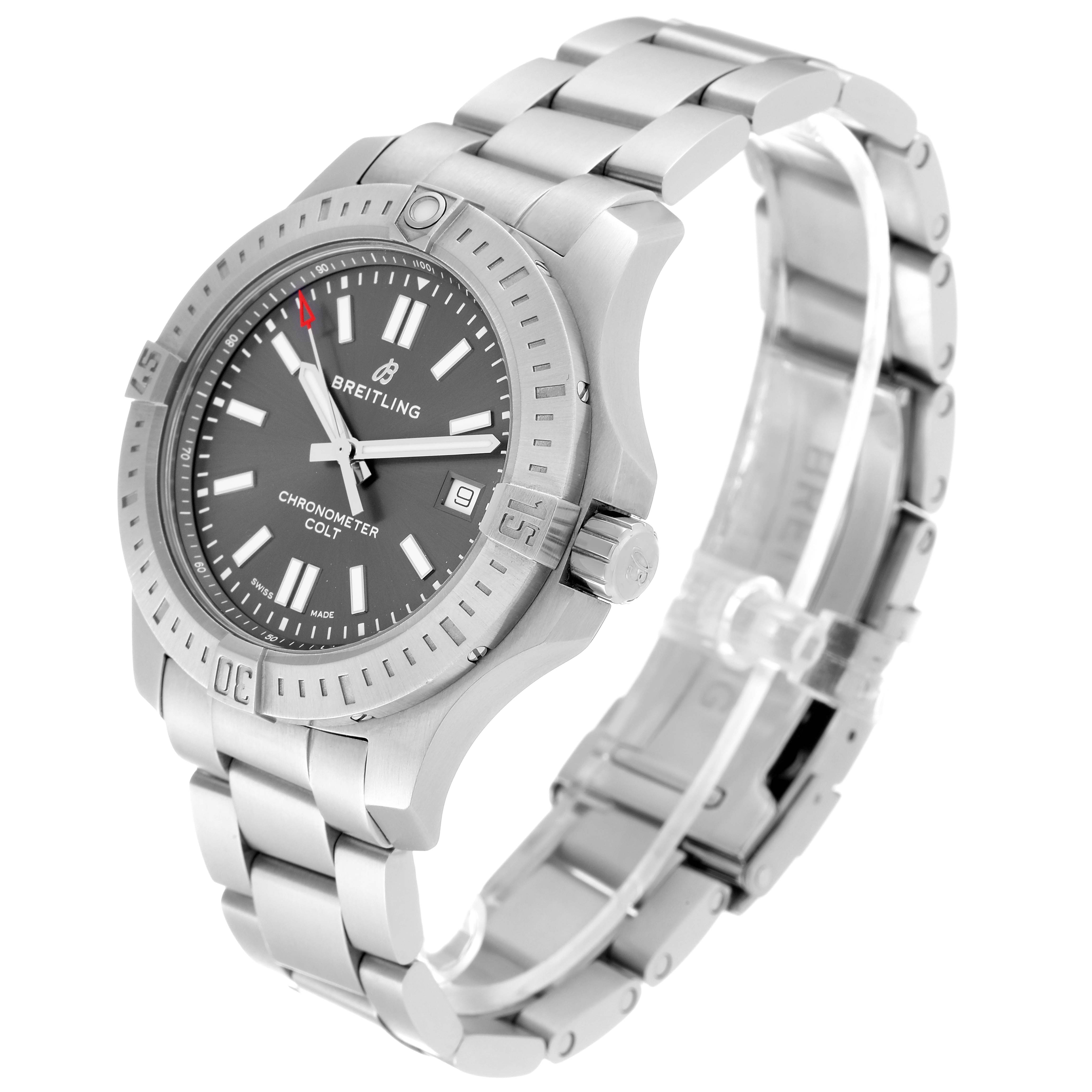 The image shows a Breitling Colt A17313 Men's Stainless Steel Grey Dial A17313 Men's Stainless Steel Grey Dial watch at an angle highlighting its face, bezel, crown, and bracelet.