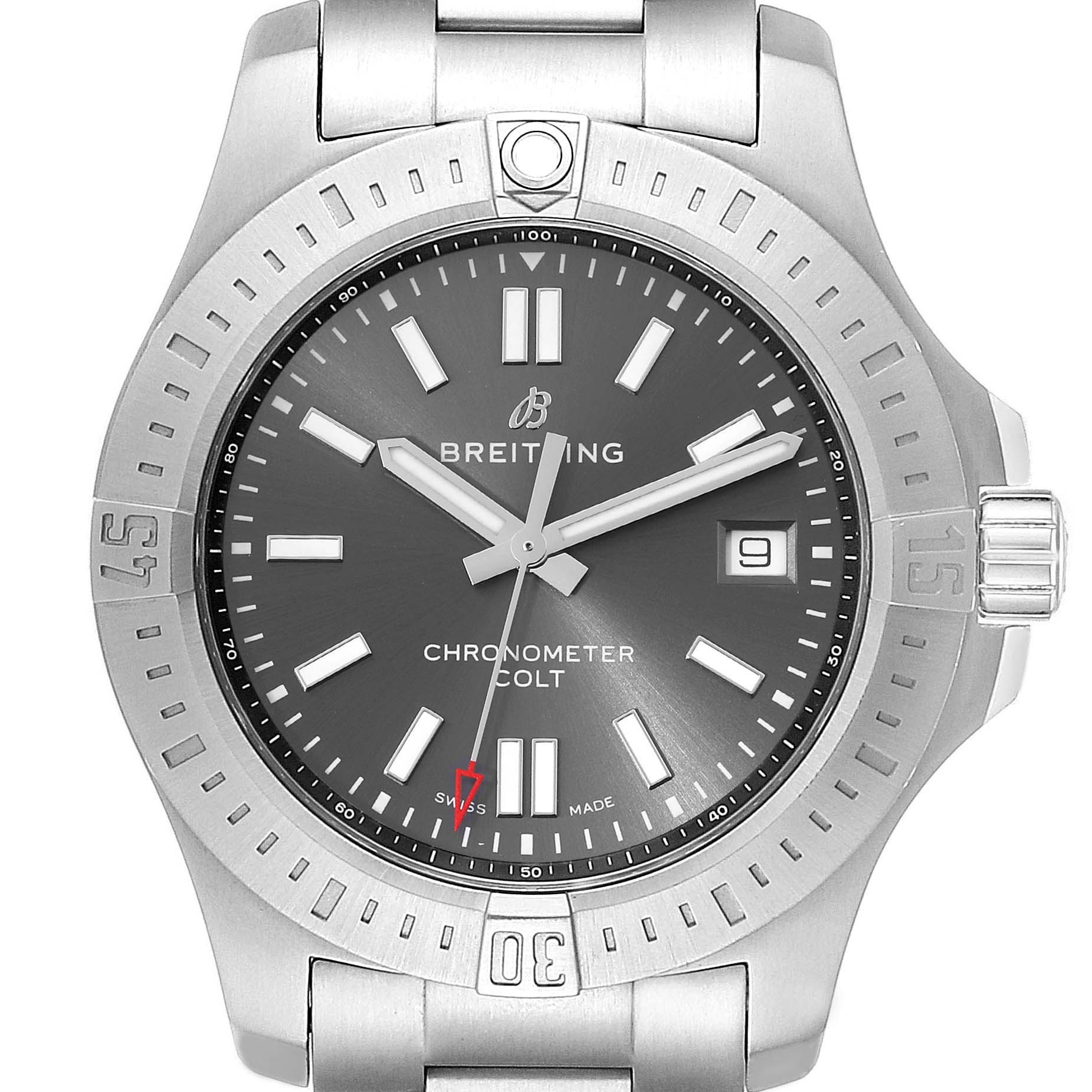 The image shows a front view of the Breitling Colt A17313 Men's Stainless Steel Grey Dial A17313 Men's Stainless Steel Grey Dial watch face, bezel, and part of the metal bracelet.