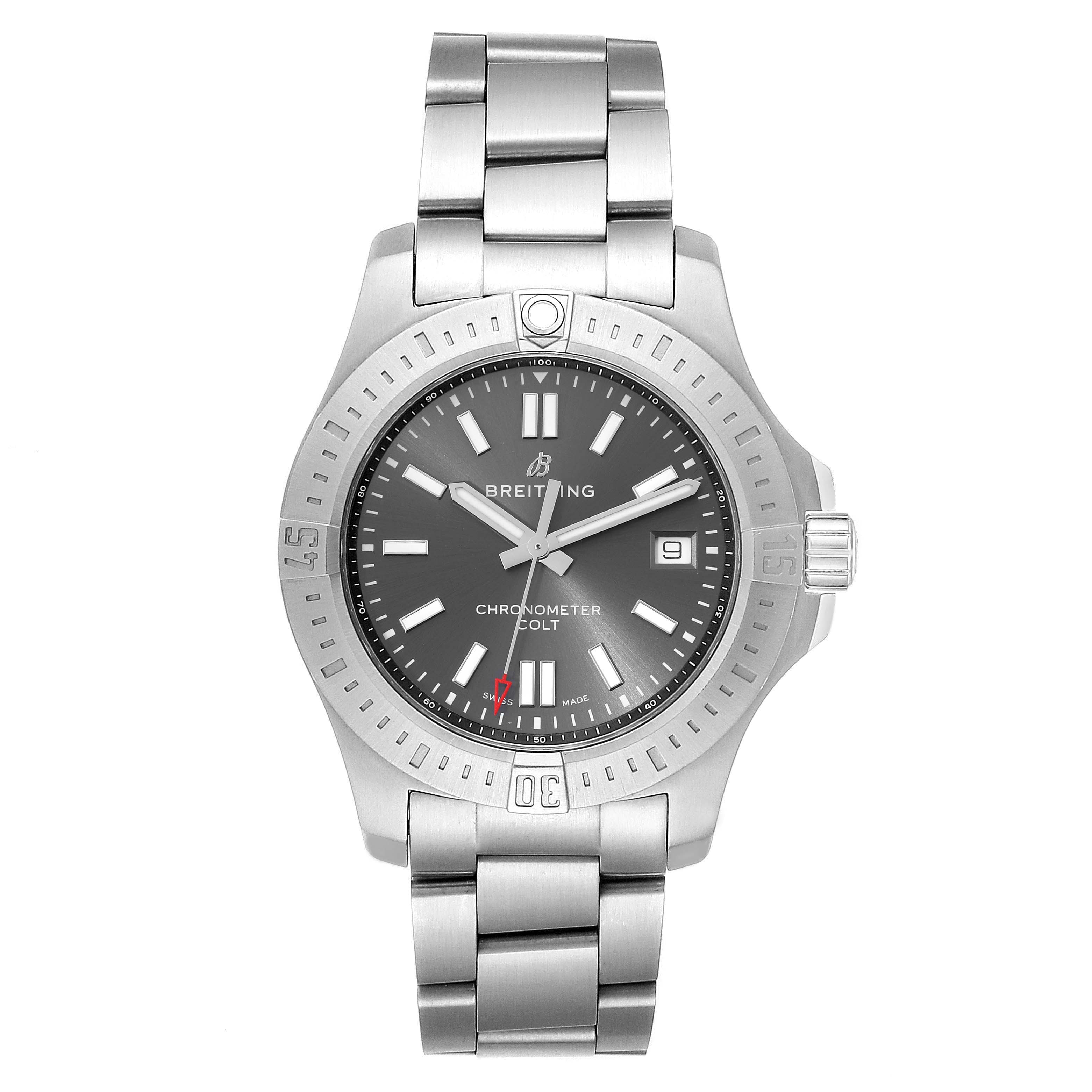 This is a front view of the Breitling Colt A17313 Men's Stainless Steel Grey Dial A17313 Men's Stainless Steel Grey Dial watch, showing the dial, bezel, and stainless steel bracelet.