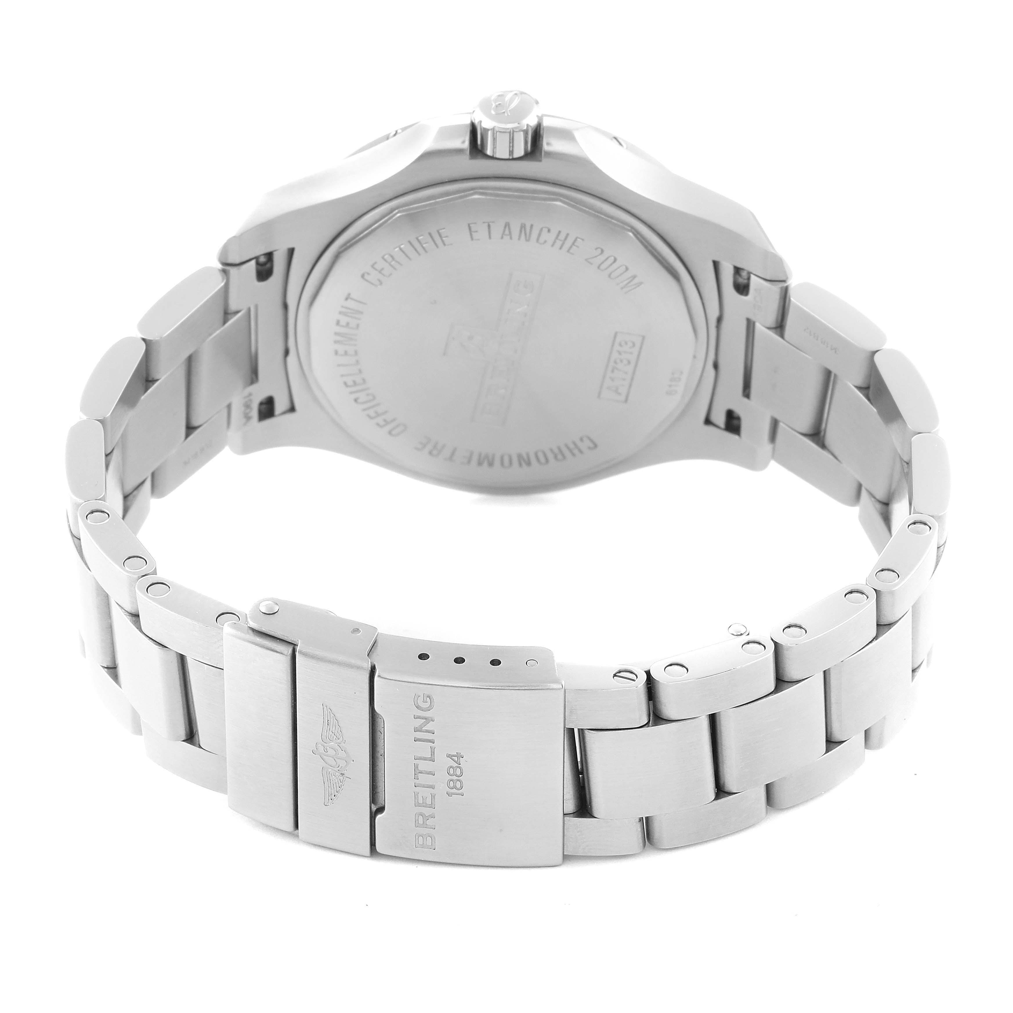 The image shows the back view of the Breitling Colt A17313 Men's Stainless Steel Grey Dial A17313 Men's Stainless Steel Grey Dial watch and its metal bracelet with the clasp visible.