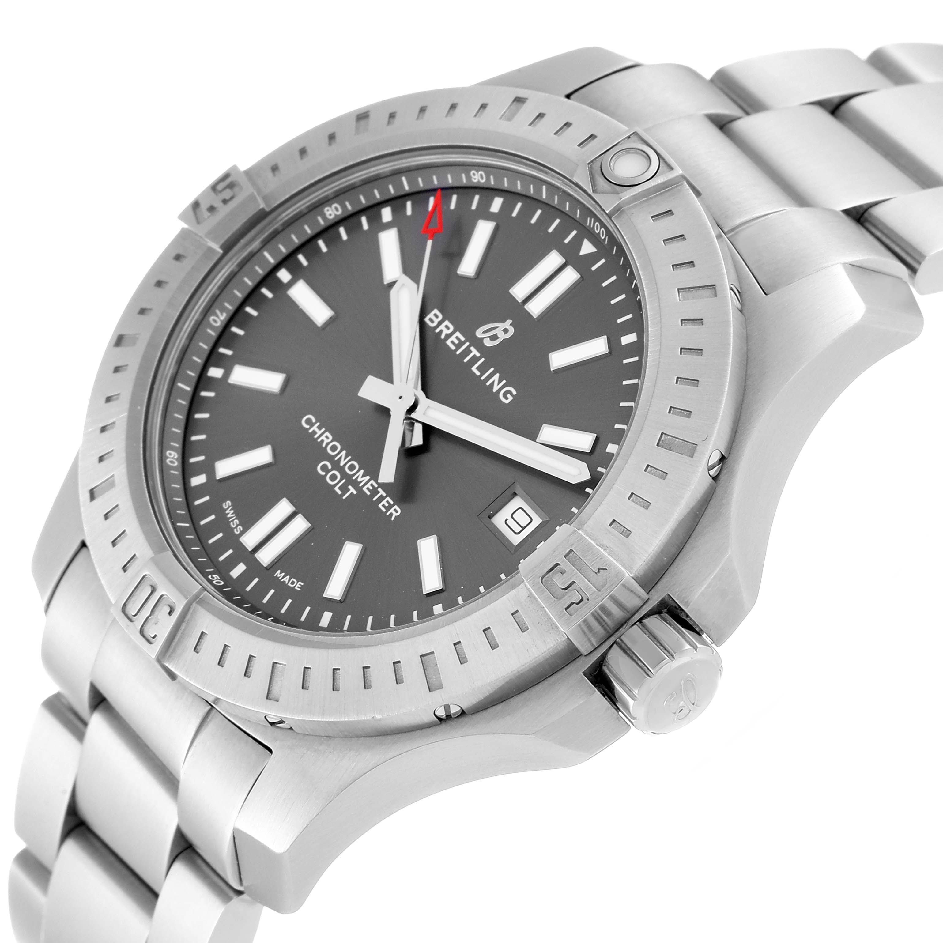 This image shows a side view of the Breitling Colt A17313 Men's Stainless Steel Grey Dial A17313 Men's Stainless Steel Grey Dial watch, highlighting the bezel, dial, crown, and metal bracelet.