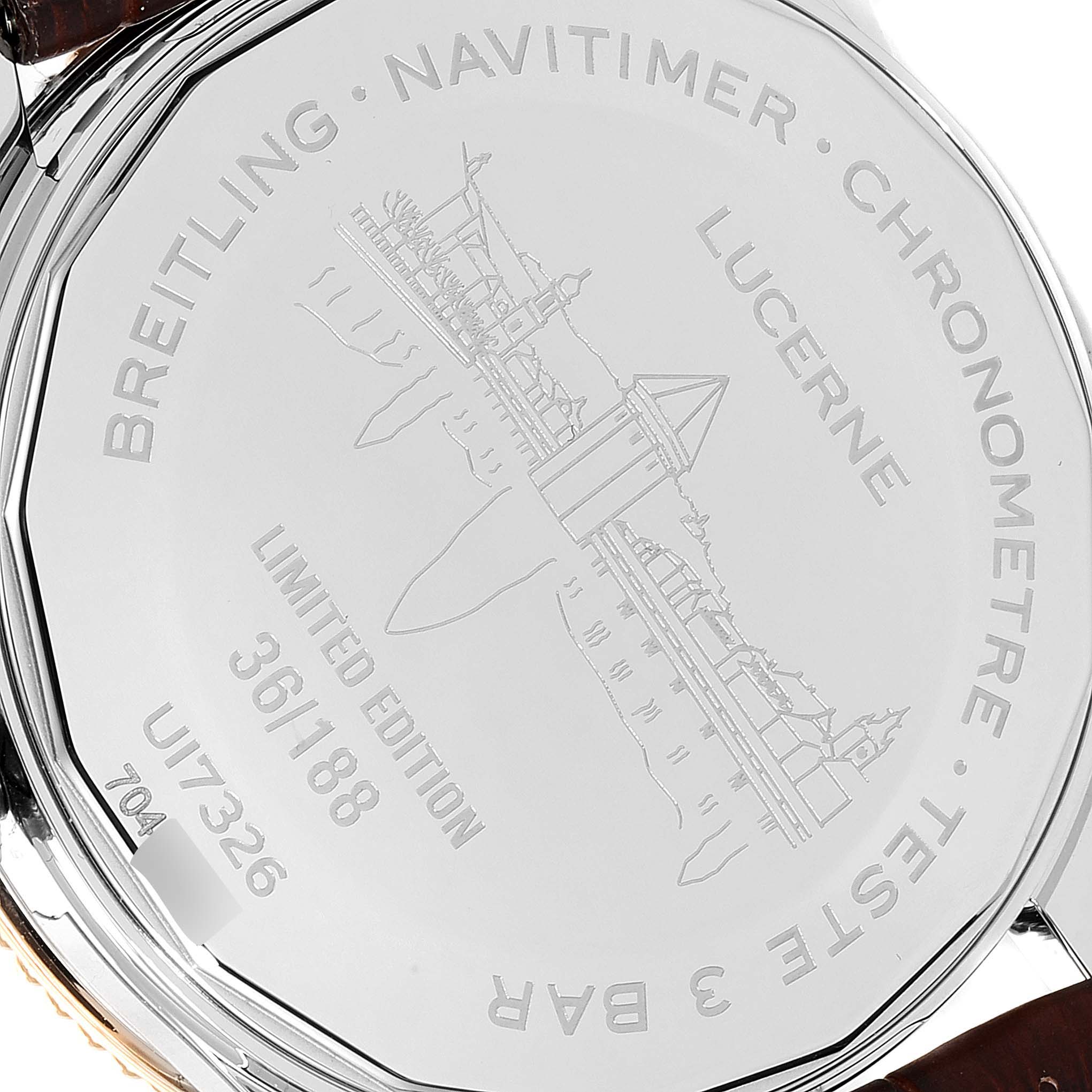 The image shows the case back of a Breitling Navitimer U17326211M1P1 Men's Steel and Gold (two tone) Grey Dial U17326211M1P1 Men's Steel and Gold (two tone) Grey Dial watch, displaying engravings including "LIMITED EDITION" and "LUCERNE."