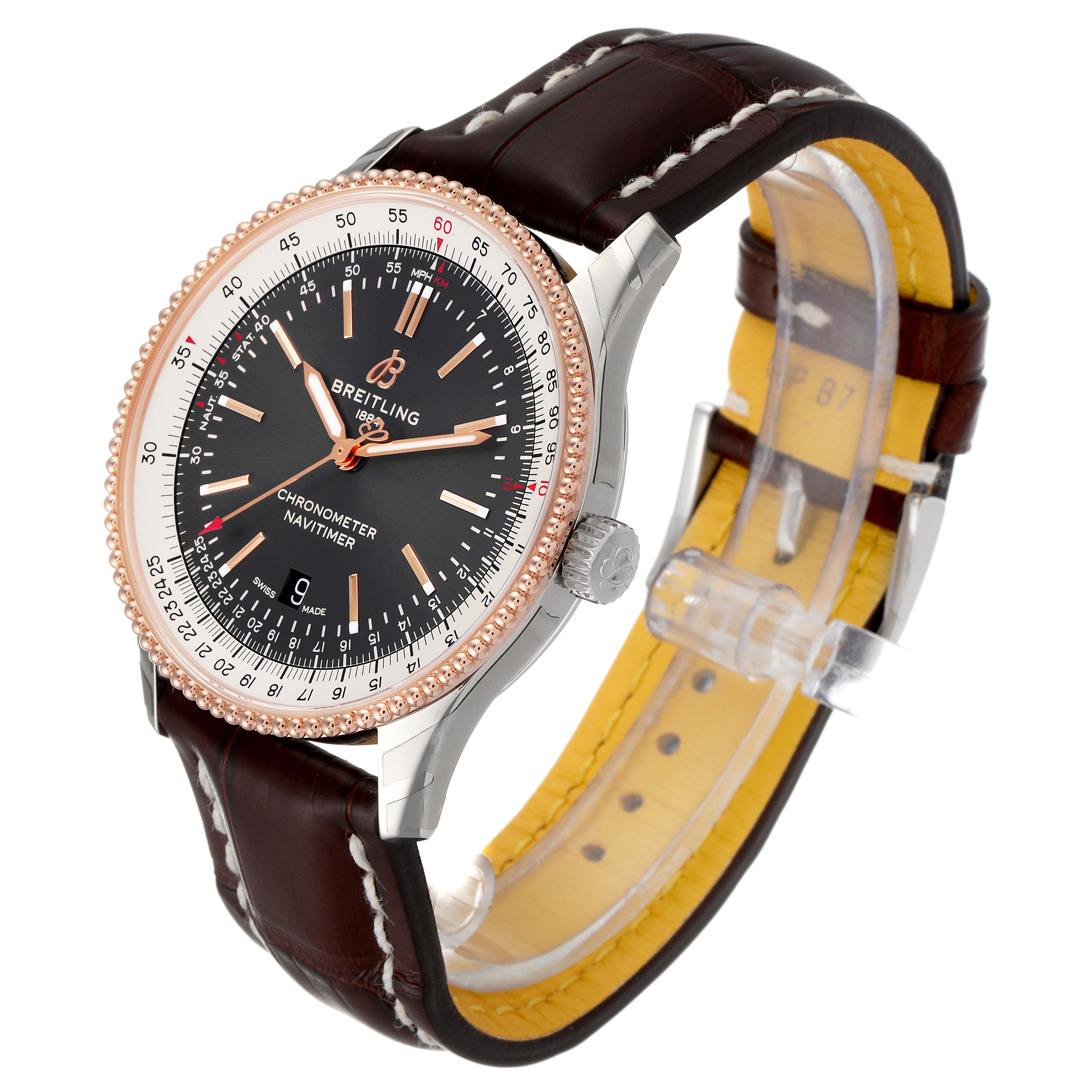 This image shows a Breitling Navitimer U17326211M1P1 Men's Steel and Gold (two tone) Grey Dial U17326211M1P1 Men's Steel and Gold (two tone) Grey Dial watch at a three-quarter angle, highlighting its face, bezel, crown, and leather strap.