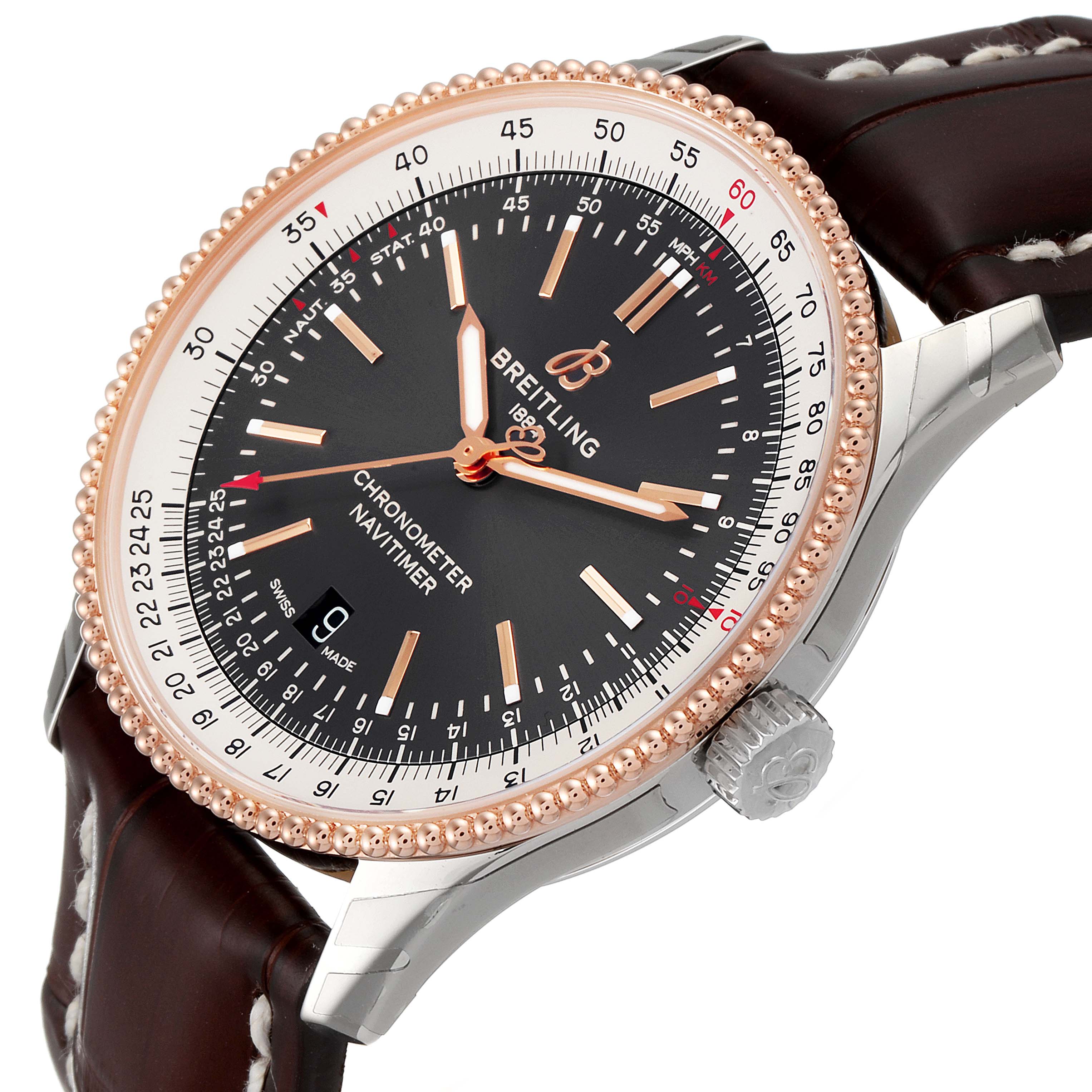 The Breitling Navitimer U17326211M1P1 Men's Steel and Gold (two tone) Grey Dial U17326211M1P1 Men's Steel and Gold (two tone) Grey Dial watch is shown at a three-quarter angle, highlighting the face, bezel, crown, and leather strap.