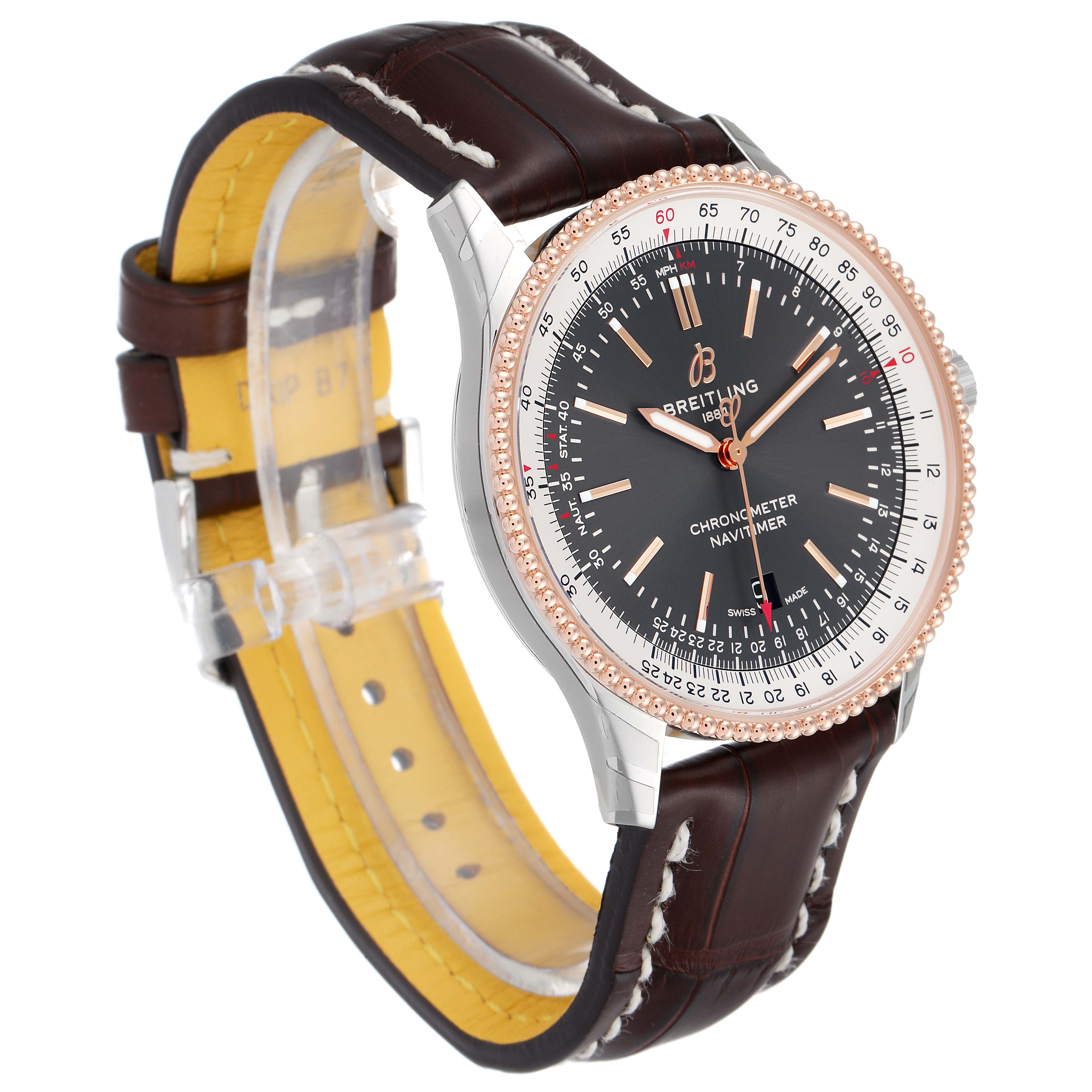 The image shows a Breitling Navitimer U17326211M1P1 Men's Steel and Gold (two tone) Grey Dial U17326211M1P1 Men's Steel and Gold (two tone) Grey Dial watch at a three-quarter view, highlighting its face, bezel, crown, and brown leather strap.