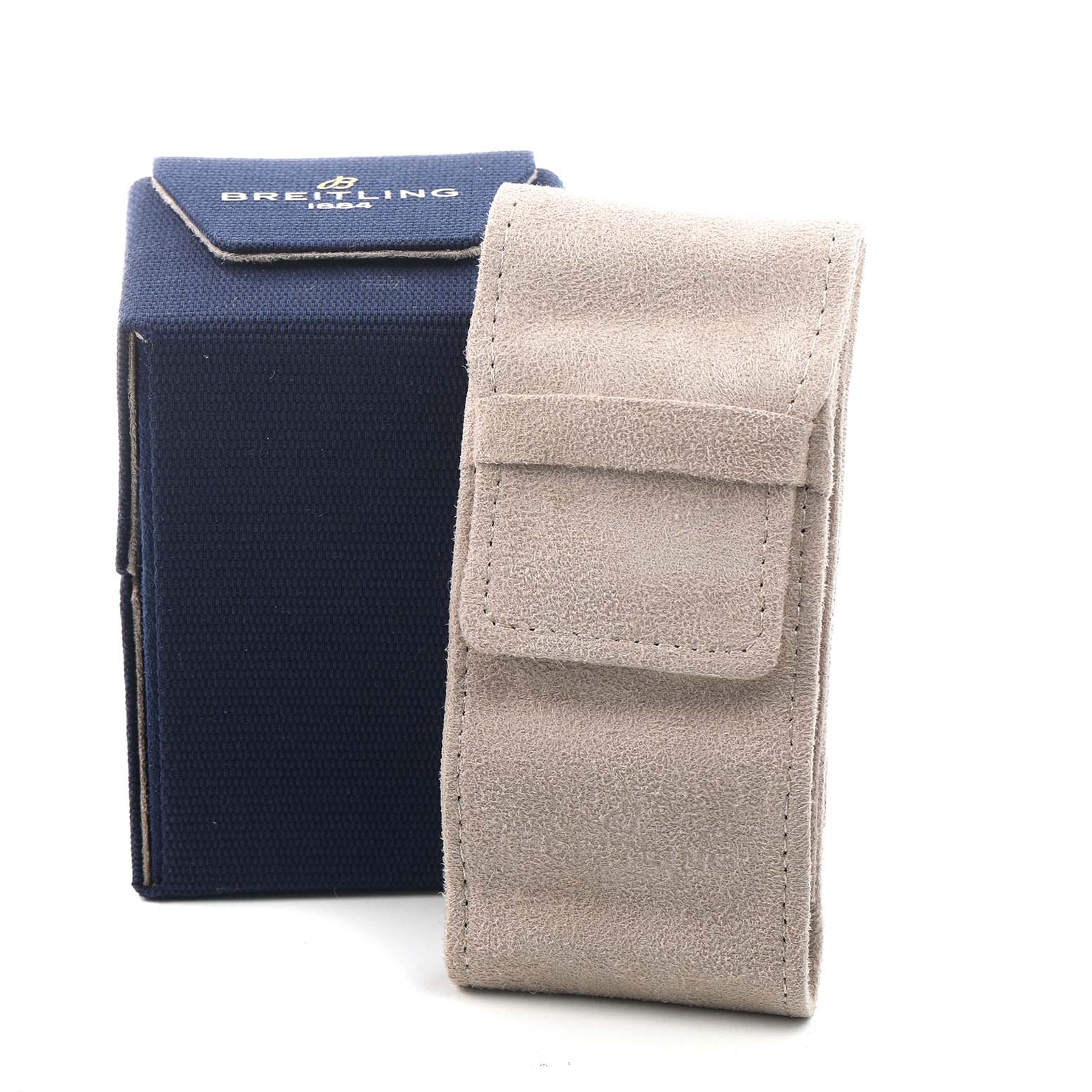 The image shows a Breitling Navitimer A17326 Men's Stainless Steel Blue Dial watch accessory box and a beige protective pouch from a side angle.