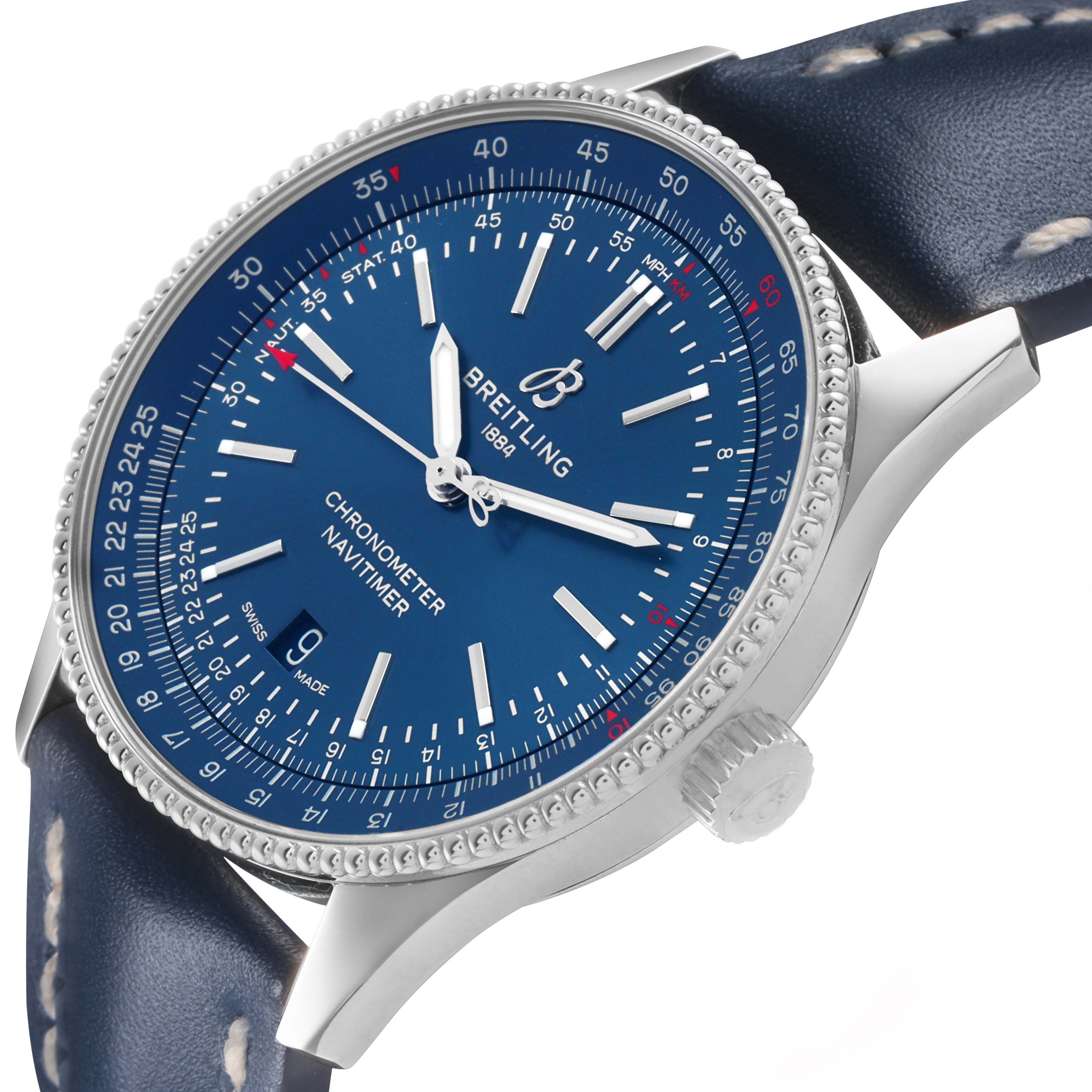 The Breitling Navitimer A17326 Men's Stainless Steel Blue Dial watch is shown at a three-quarter angle, highlighting its blue dial, bezel, crown, and part of the leather strap.