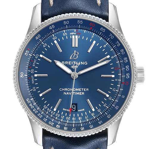 The Breitling Navitimer A17326 Men's Stainless Steel Blue Dial watch is shown from a front angle, highlighting the dial, bezel, hands, and part of the strap.