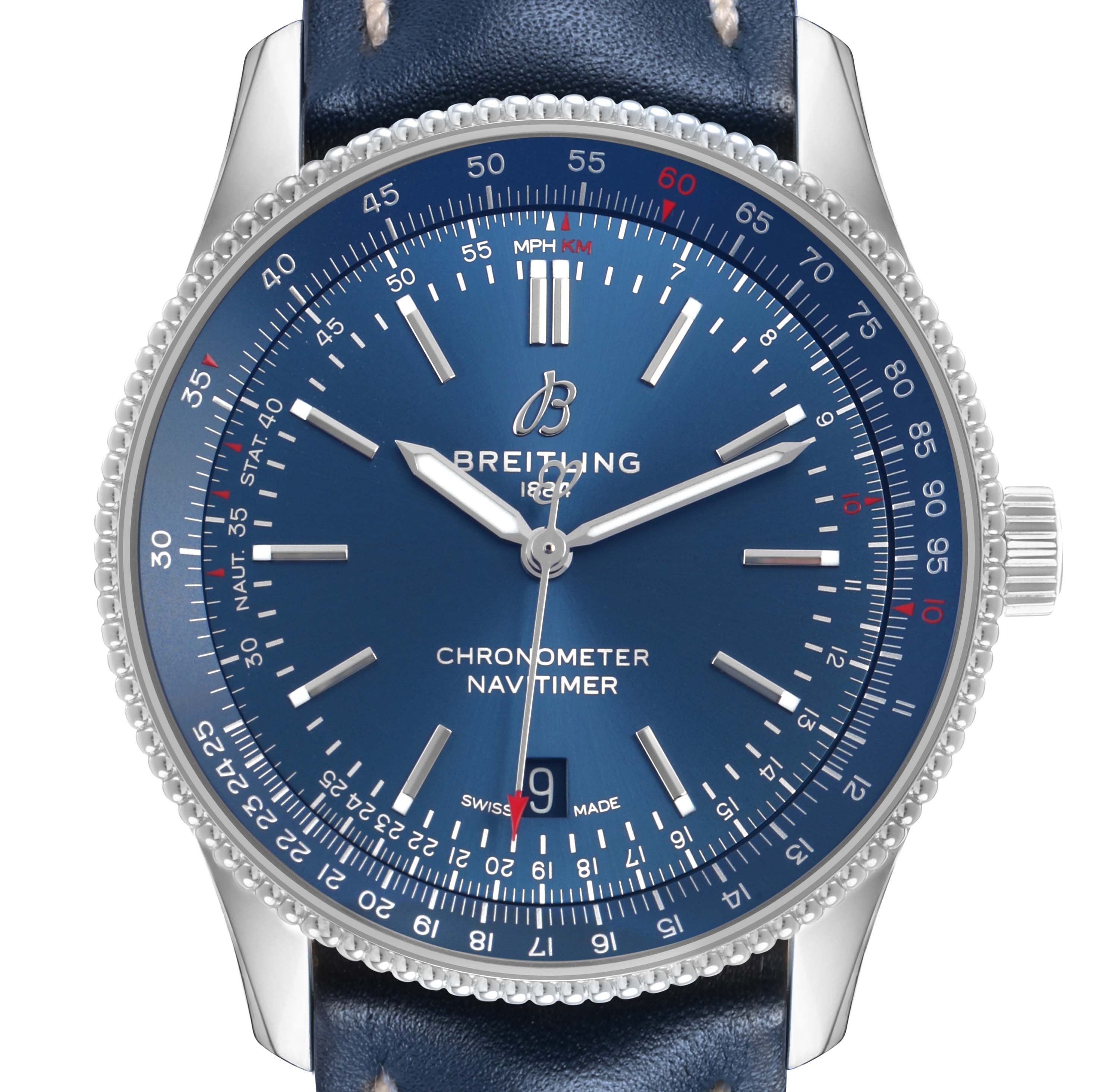 The Breitling Navitimer A17326 Men's Stainless Steel Blue Dial watch is shown from a front angle, highlighting the dial, bezel, and strap.