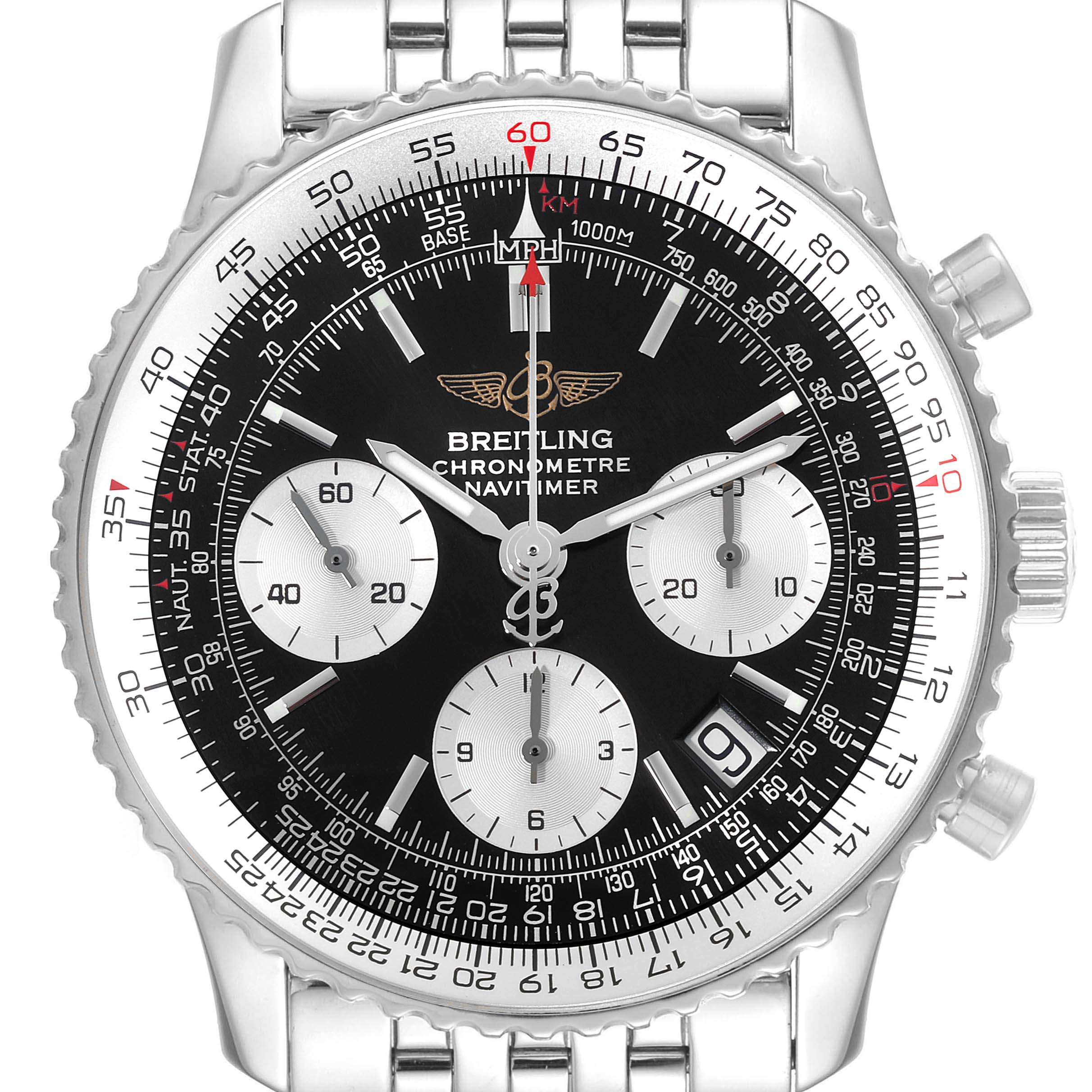 This image shows a frontal view of the Breitling Navitimer A23322 Men
s Stainless Steel Black Dial A23322 Men
s Stainless Steel Black Dial, highlighting its dial, subdials, bezel, and crown.