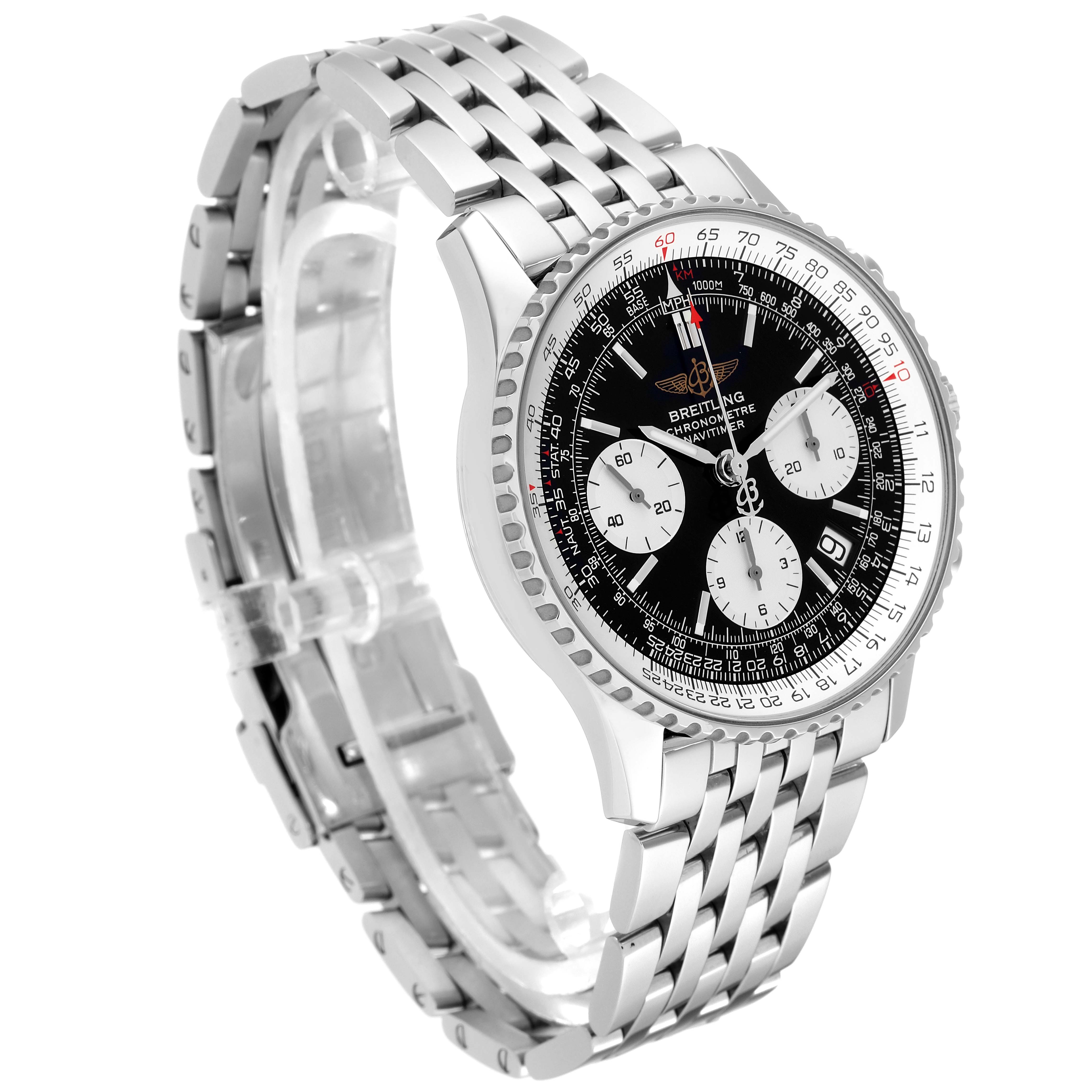 This image shows a Breitling Navitimer A23322 Men
s Stainless Steel Black Dial A23322 Men
s Stainless Steel Black Dial model watch from an angled perspective, highlighting its stainless steel bracelet and detailed chronograph dial.