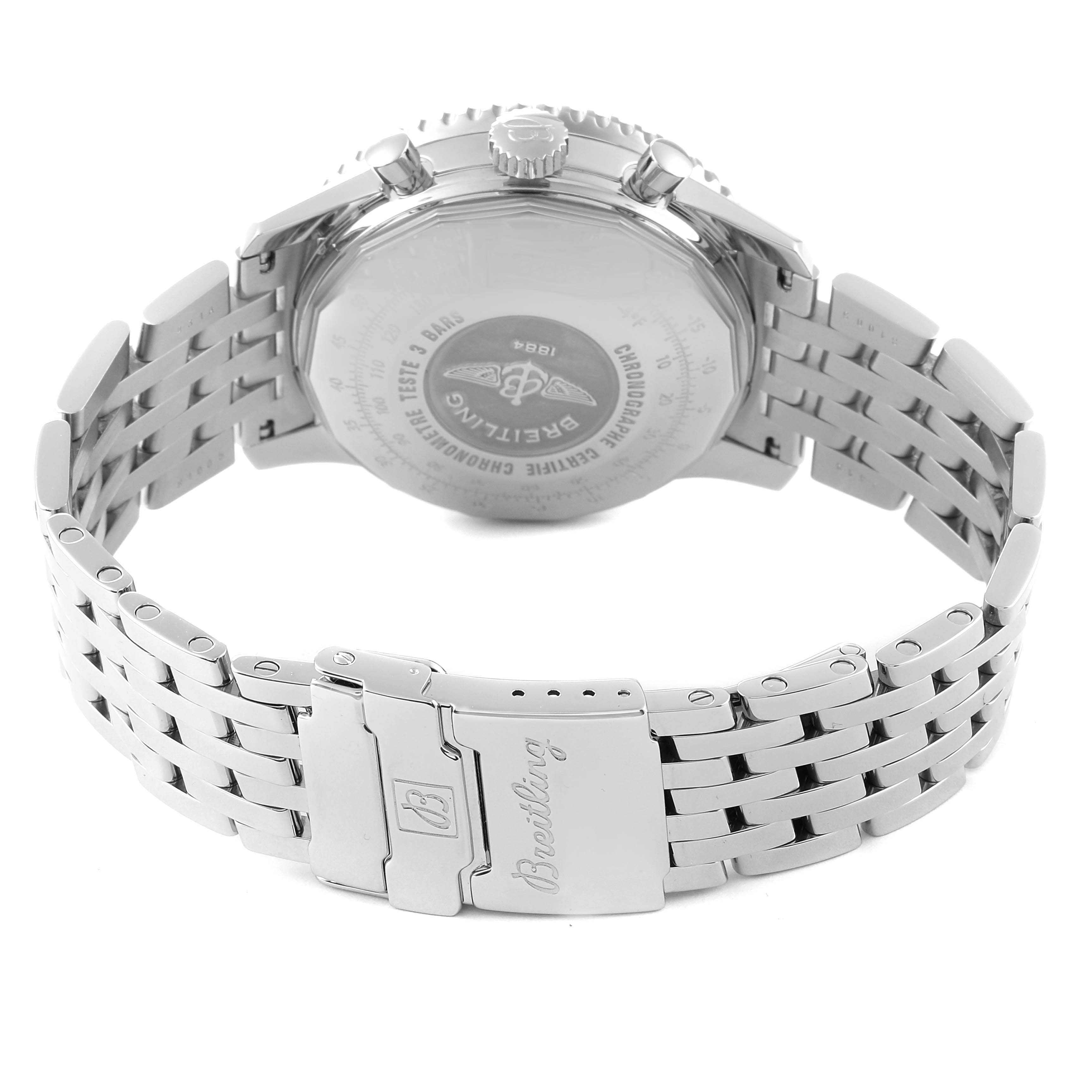 The image shows the back case and bracelet of the Breitling Navitimer A23322 Men
s Stainless Steel Black Dial A23322 Men
s Stainless Steel Black Dial watch from a rear angle.