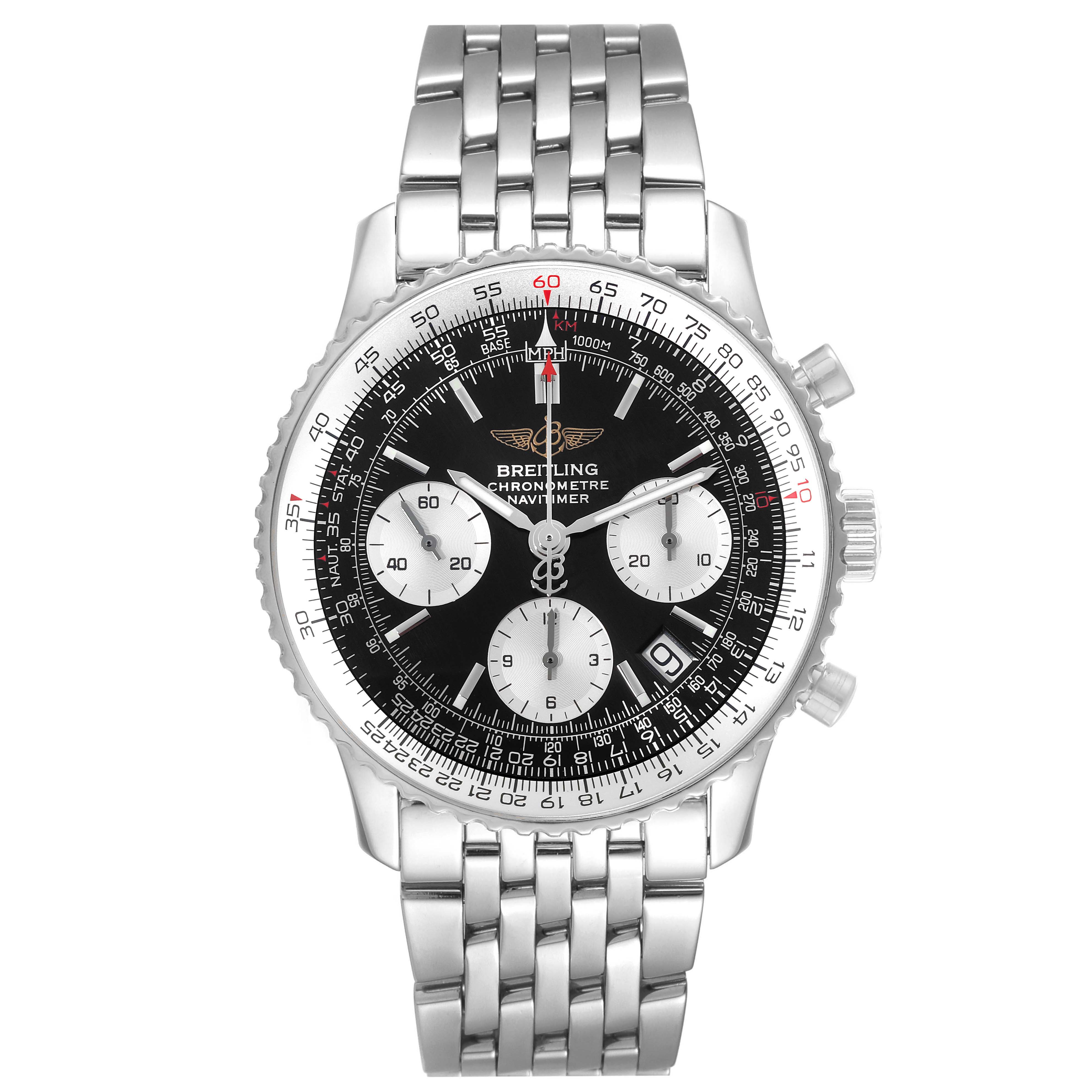 The image shows a front view of a Breitling Navitimer A23322 Men
s Stainless Steel Black Dial A23322 Men
s Stainless Steel Black Dial watch, highlighting its dial, bezel, and metal bracelet.