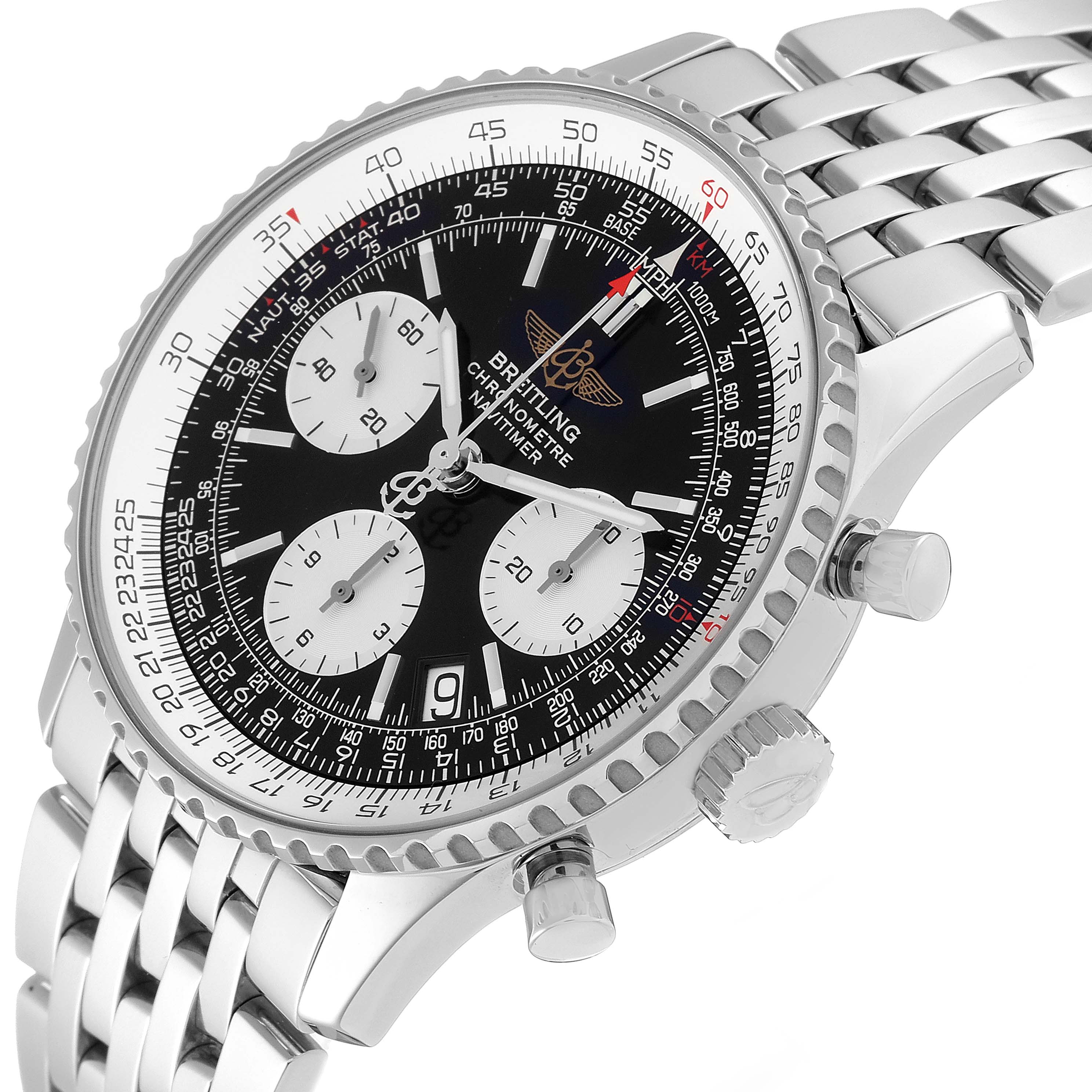 The image shows a Breitling Navitimer A23322 Men
s Stainless Steel Black Dial A23322 Men
s Stainless Steel Black Dial watch at an angled view, highlighting the face, bezel, crown, chronograph buttons, and metal bracelet.