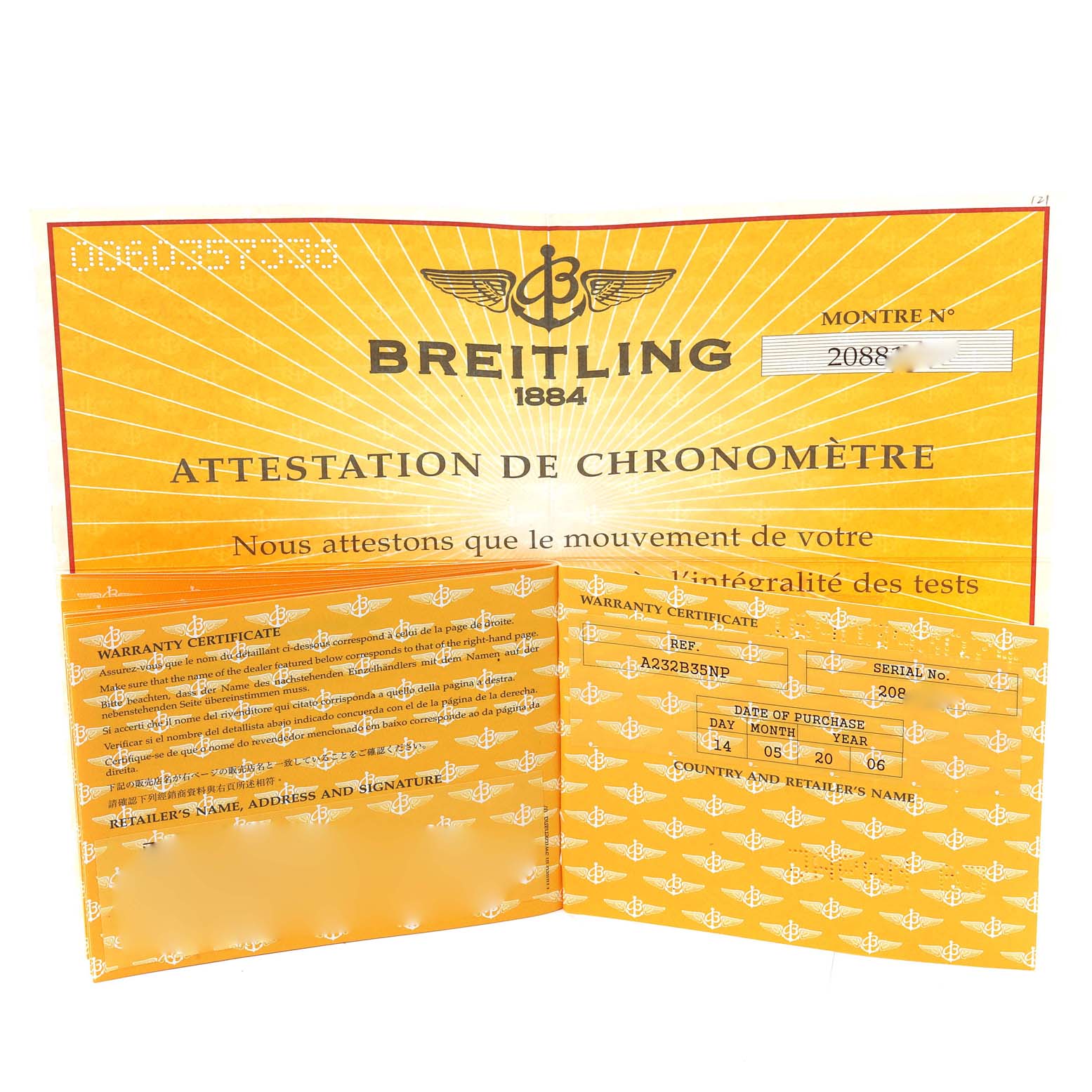 The image shows the warranty certificate and attestation documents for the Breitling Navitimer A23322 Men
s Stainless Steel Black Dial A23322 Men
s Stainless Steel Black Dial watch model.
