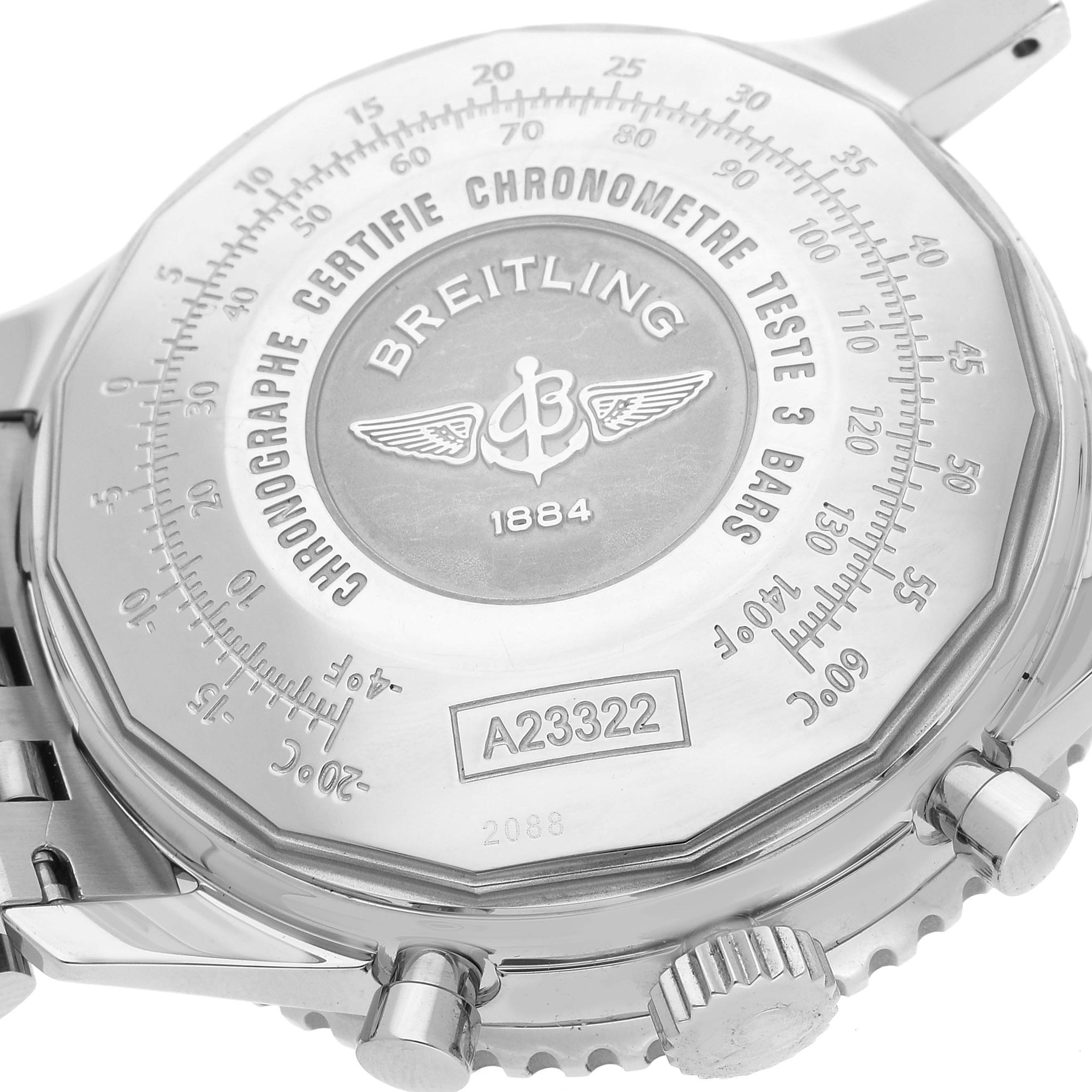 This image shows the back case and part of the bracelet of a Breitling Navitimer A23322 Men
s Stainless Steel Black Dial A23322 Men
s Stainless Steel Black Dial watch.