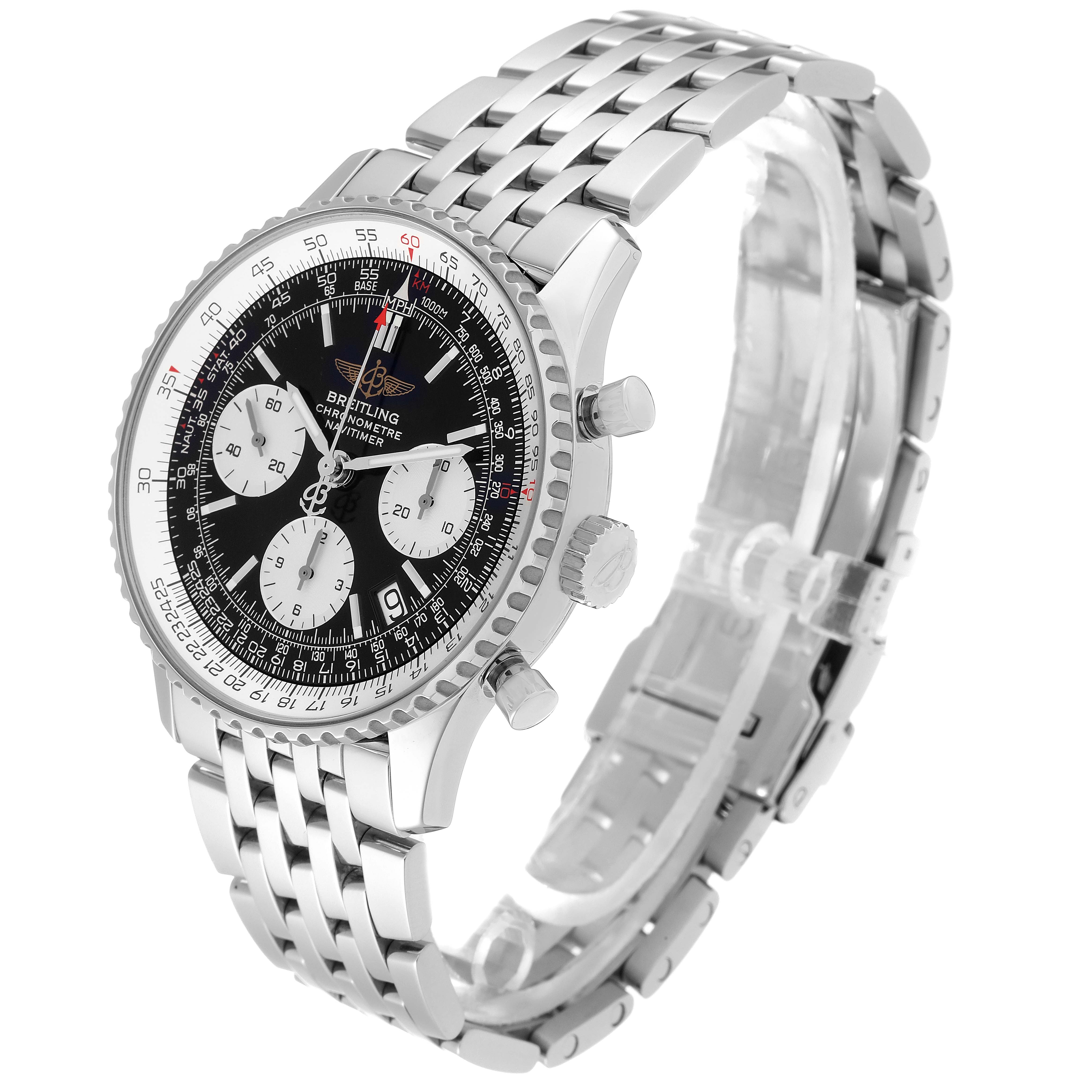 The image shows a Breitling Navitimer A23322 Men
s Stainless Steel Black Dial A23322 Men
s Stainless Steel Black Dial watch at a three-quarter angle, highlighting its bezel, chronograph dials, and metal bracelet.