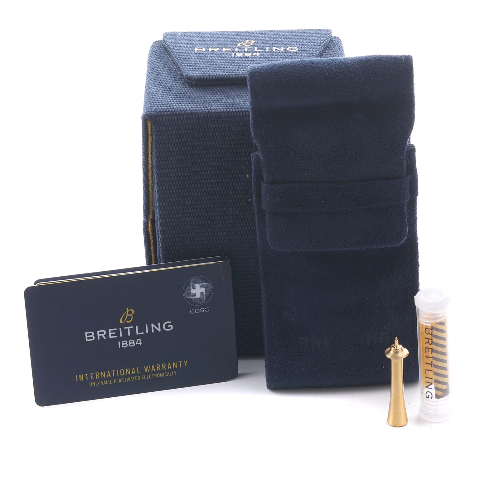 The image shows a Breitling Chronomat I19320 Men's Stainless Steel Black Dial I19320 Men's Stainless Steel Black Dial watch package with a case, warranty card, pouch, and small accessory in a frontal view.