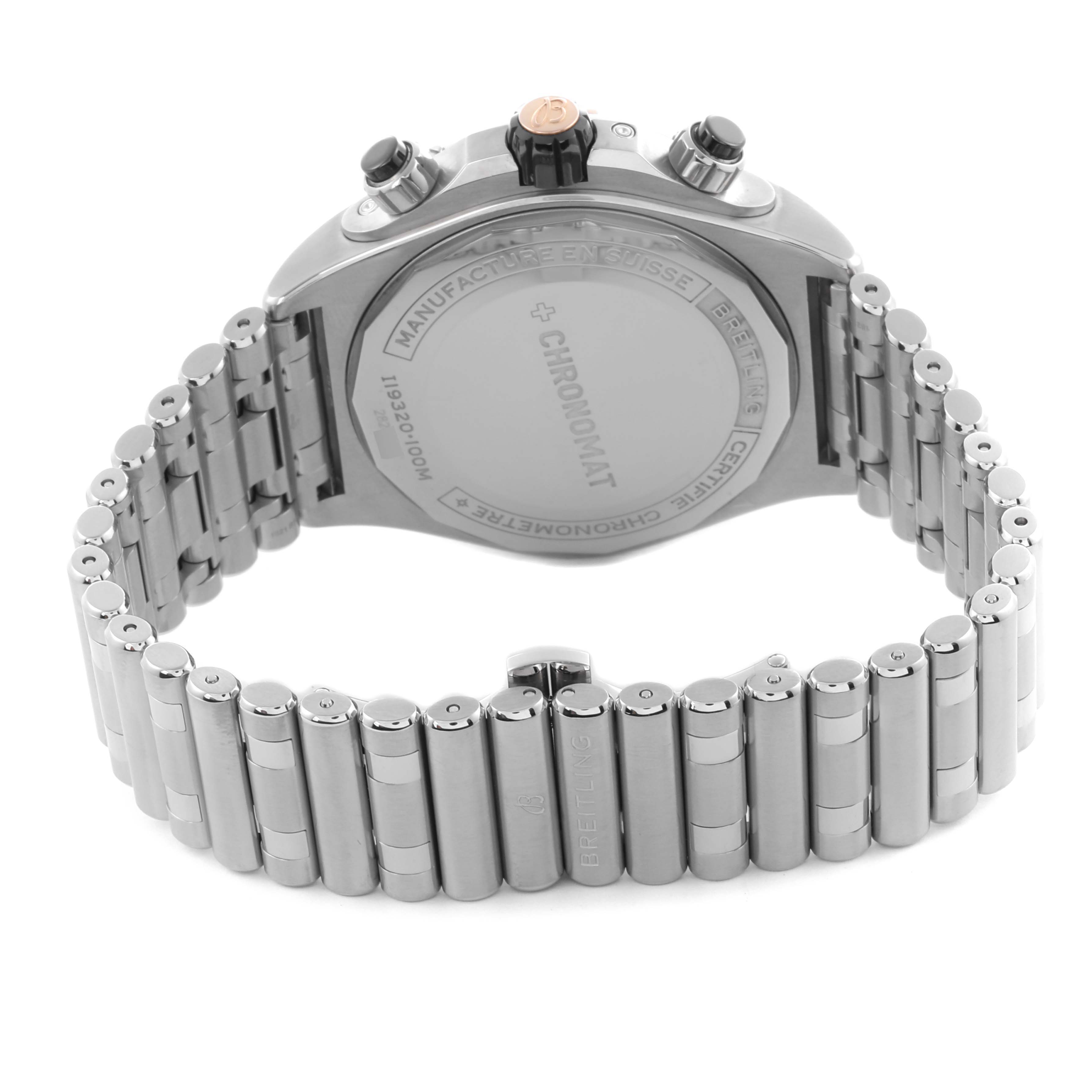 The image shows the Breitling Chronomat I19320 Men's Stainless Steel Black Dial I19320 Men's Stainless Steel Black Dial watch from the back, displaying the case, pushers, crown, and metal bracelet.