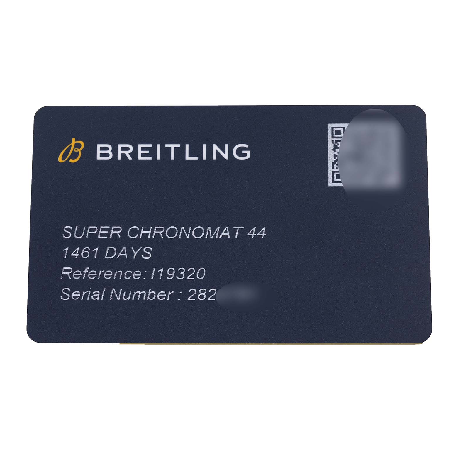 This image shows a warranty card for the Breitling Super Chronomat 44, providing reference and serial numbers.
