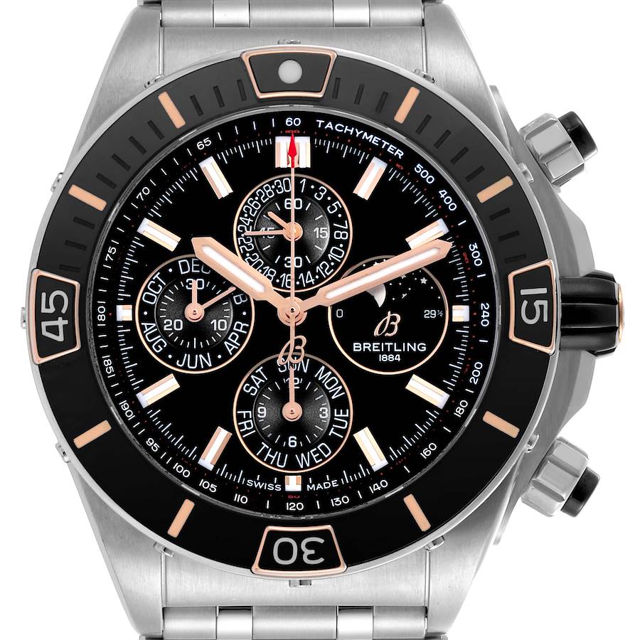 The Breitling Chronomat watch is shown from the front, displaying the dial, chronograph subdials, and part of the bracelet.