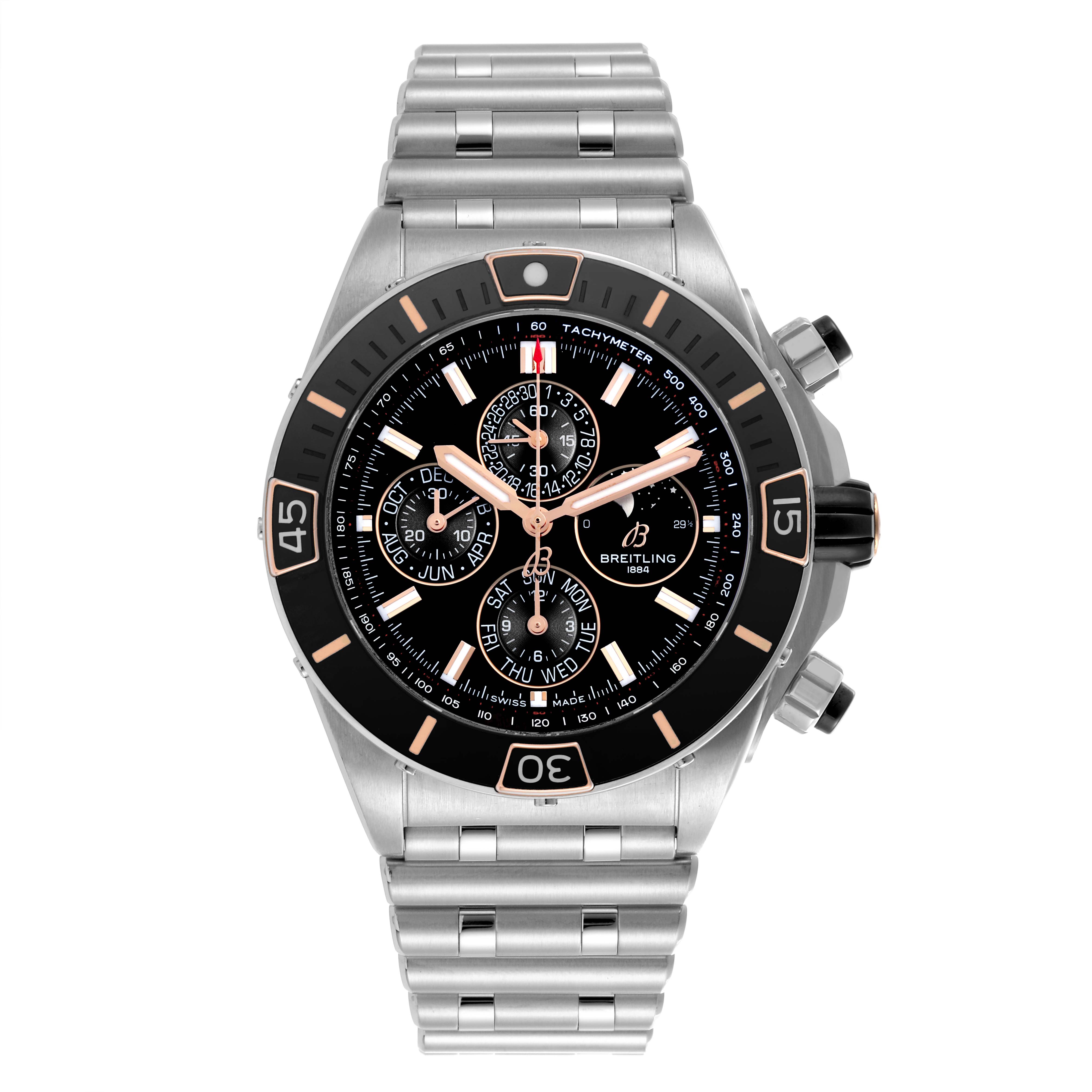 The Breitling Chronomat I19320 Men's Stainless Steel Black Dial I19320 Men's Stainless Steel Black Dial watch is shown from a front angle, displaying the dial, case, and stainless steel bracelet.