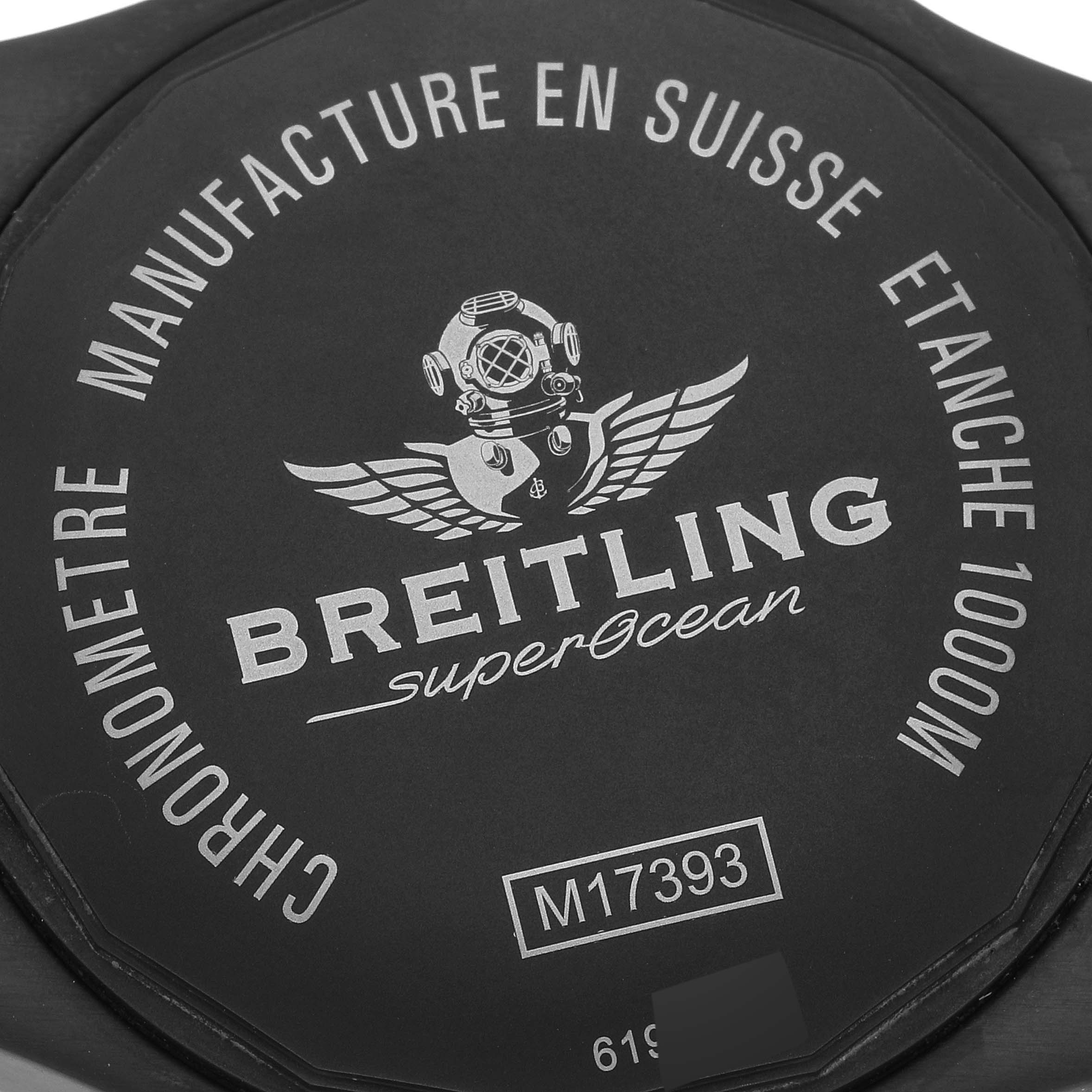The image shows the back case of a Breitling Superocean M17393 Men's Stainless Steel Black Dial M17393 Men's Stainless Steel Black Dial watch.