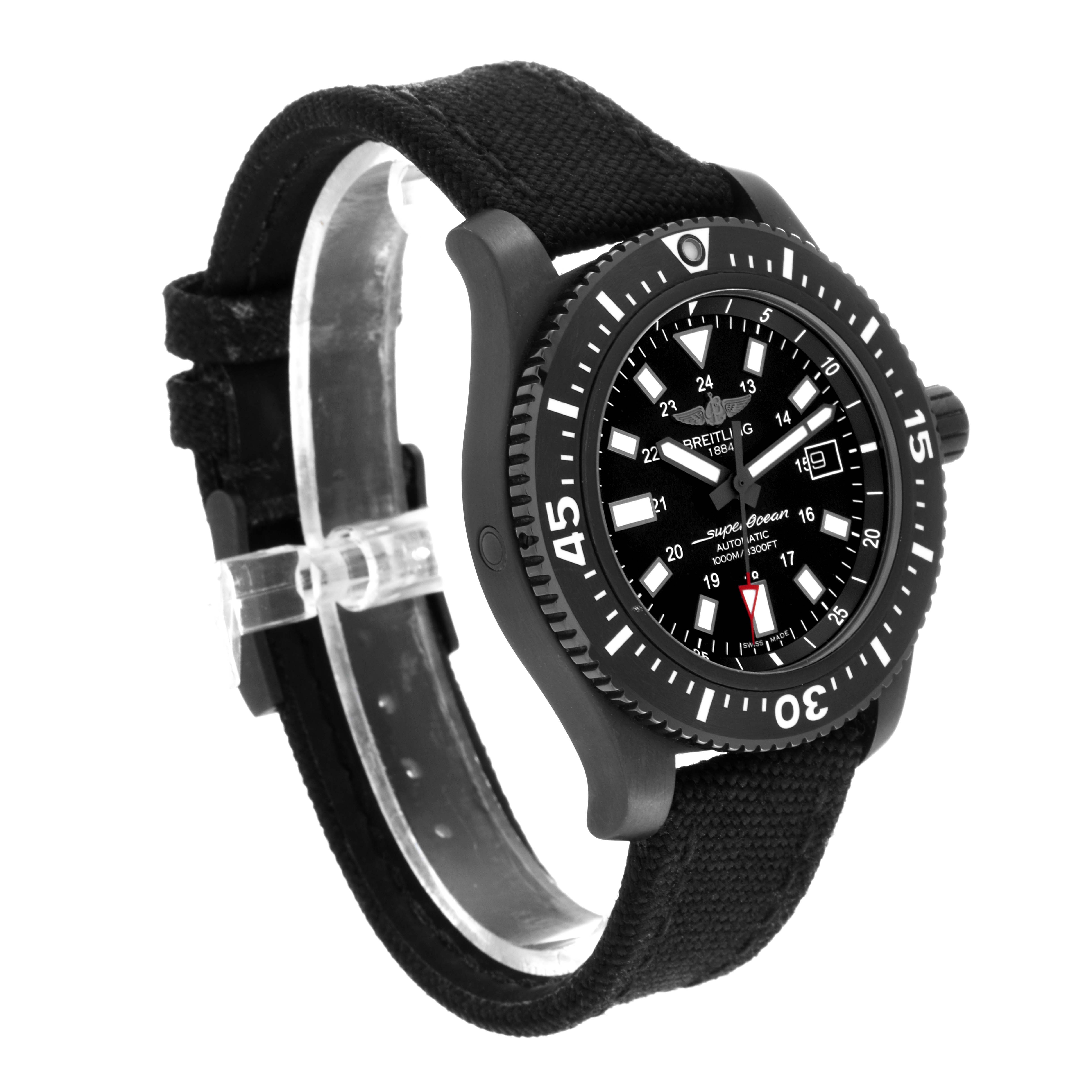 The Breitling Superocean M17393 Men's Stainless Steel Black Dial M17393 Men's Stainless Steel Black Dial watch is shown at an angle emphasizing its face, bezel, case, and strap.
