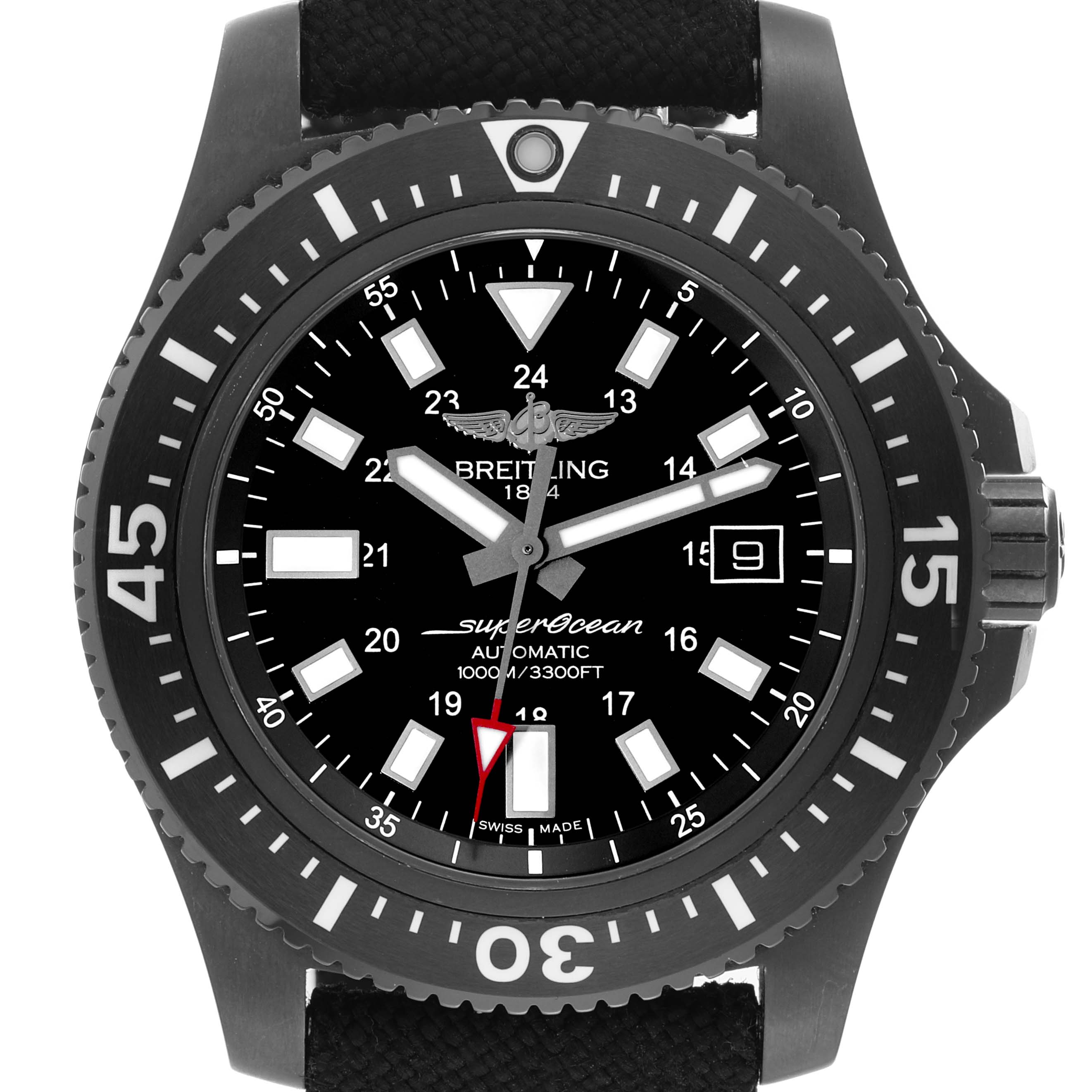 The image shows a front view of the Breitling Superocean M17393 Men's Stainless Steel Black Dial M17393 Men's Stainless Steel Black Dial watch, highlighting the dial, bezel, and part of the strap.