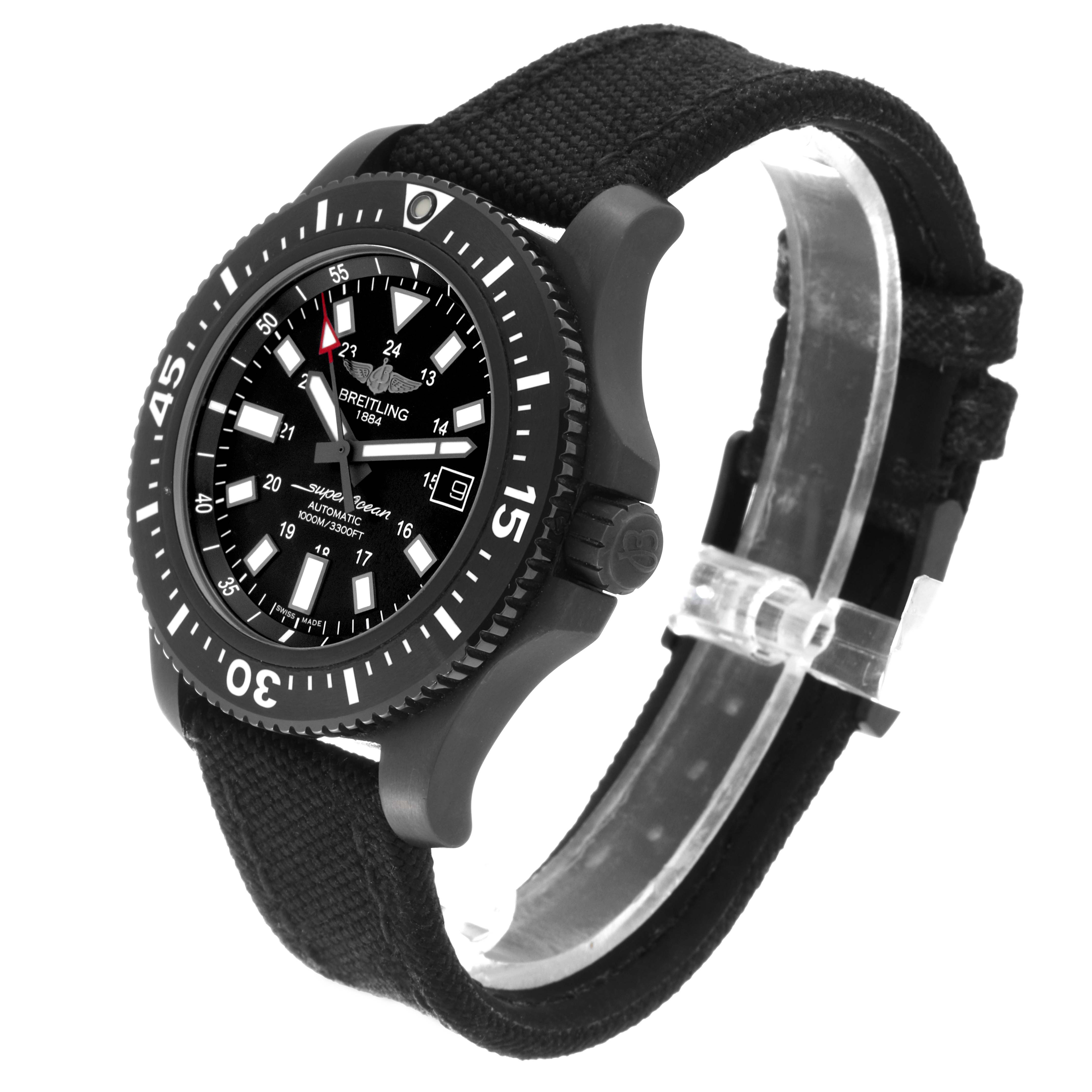 The image shows a Breitling Superocean M17393 Men's Stainless Steel Black Dial M17393 Men's Stainless Steel Black Dial watch at a slight angle, highlighting its bezel, dial, and strap.