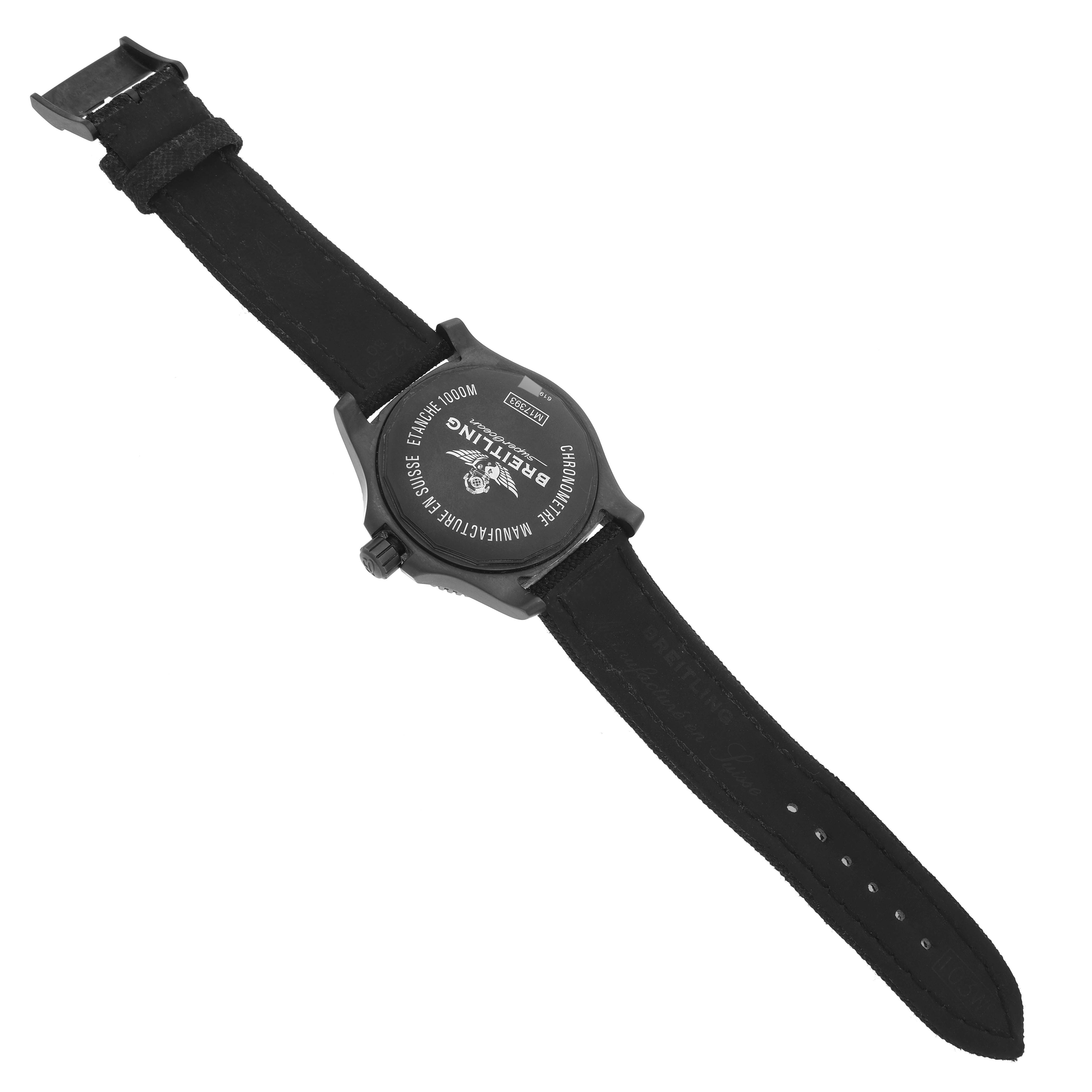 The image shows the back view of a Breitling Superocean M17393 Men's Stainless Steel Black Dial M17393 Men's Stainless Steel Black Dial watch, highlighting the case back, strap, and buckle.