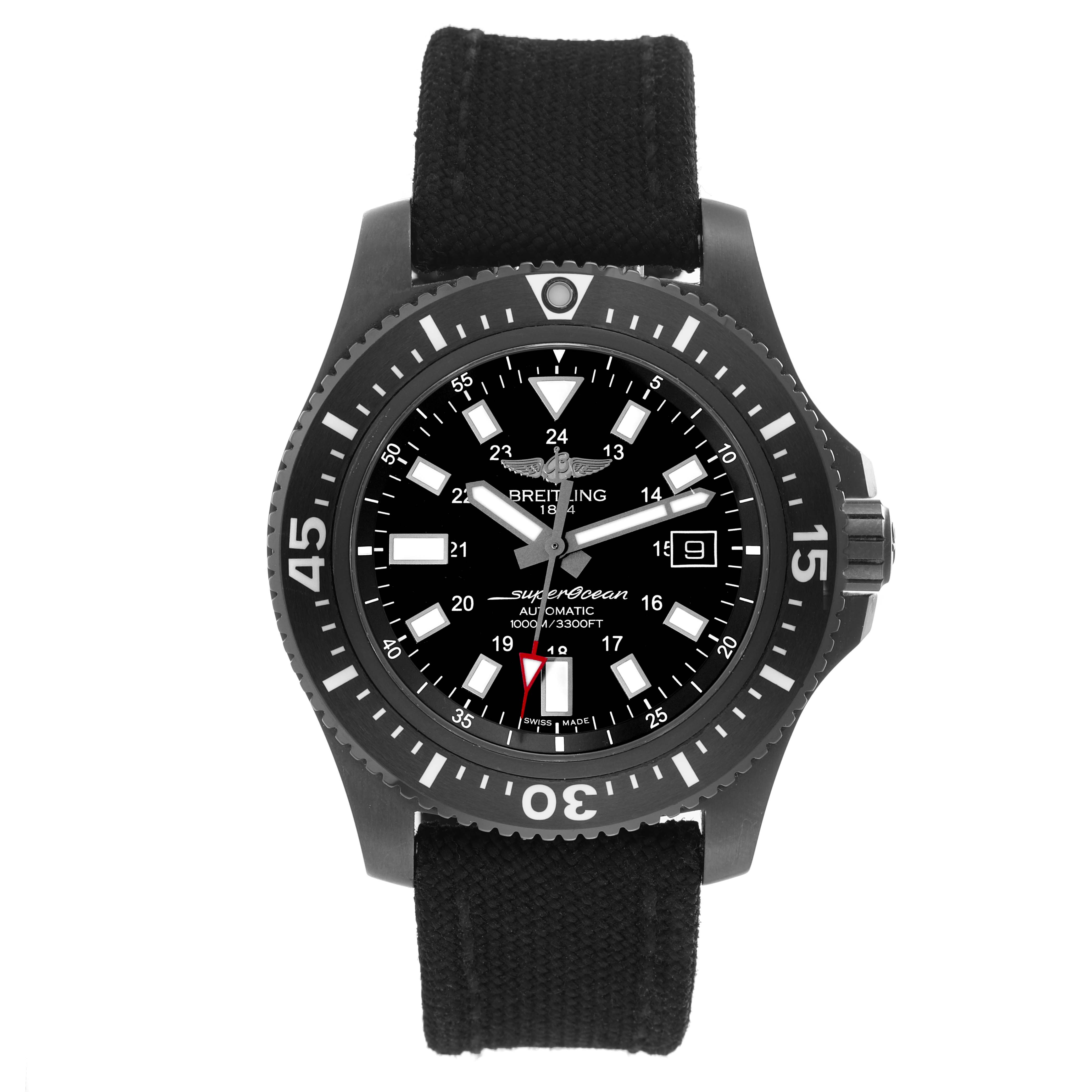 The image shows a Breitling Superocean M17393 Men's Stainless Steel Black Dial M17393 Men's Stainless Steel Black Dial watch front view, displaying the dial, bezel, hands, and strap.