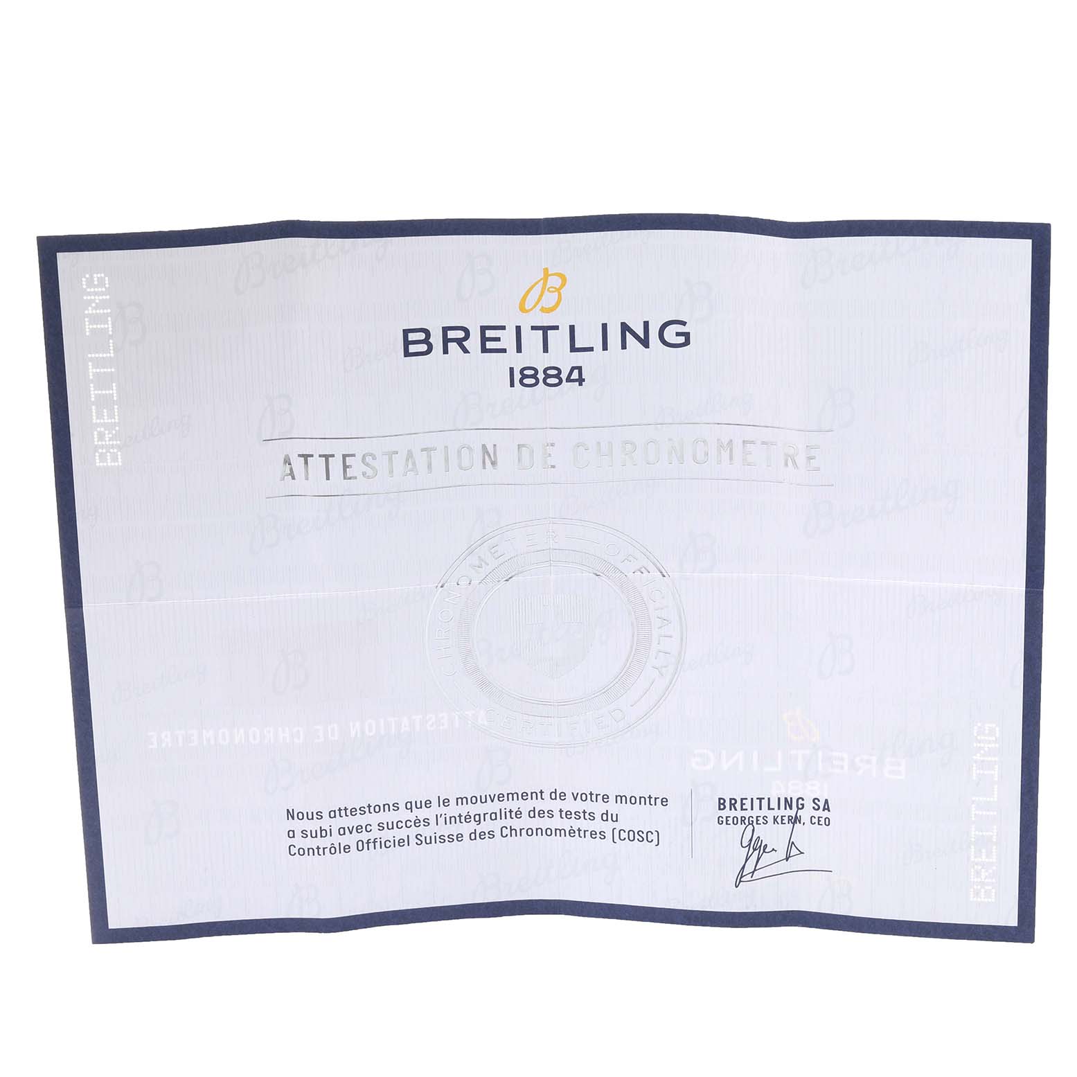 This image shows the authentication certificate for the Breitling Superocean M17393 Men's Stainless Steel Black Dial M17393 Men's Stainless Steel Black Dial watch, displaying branding and official text.