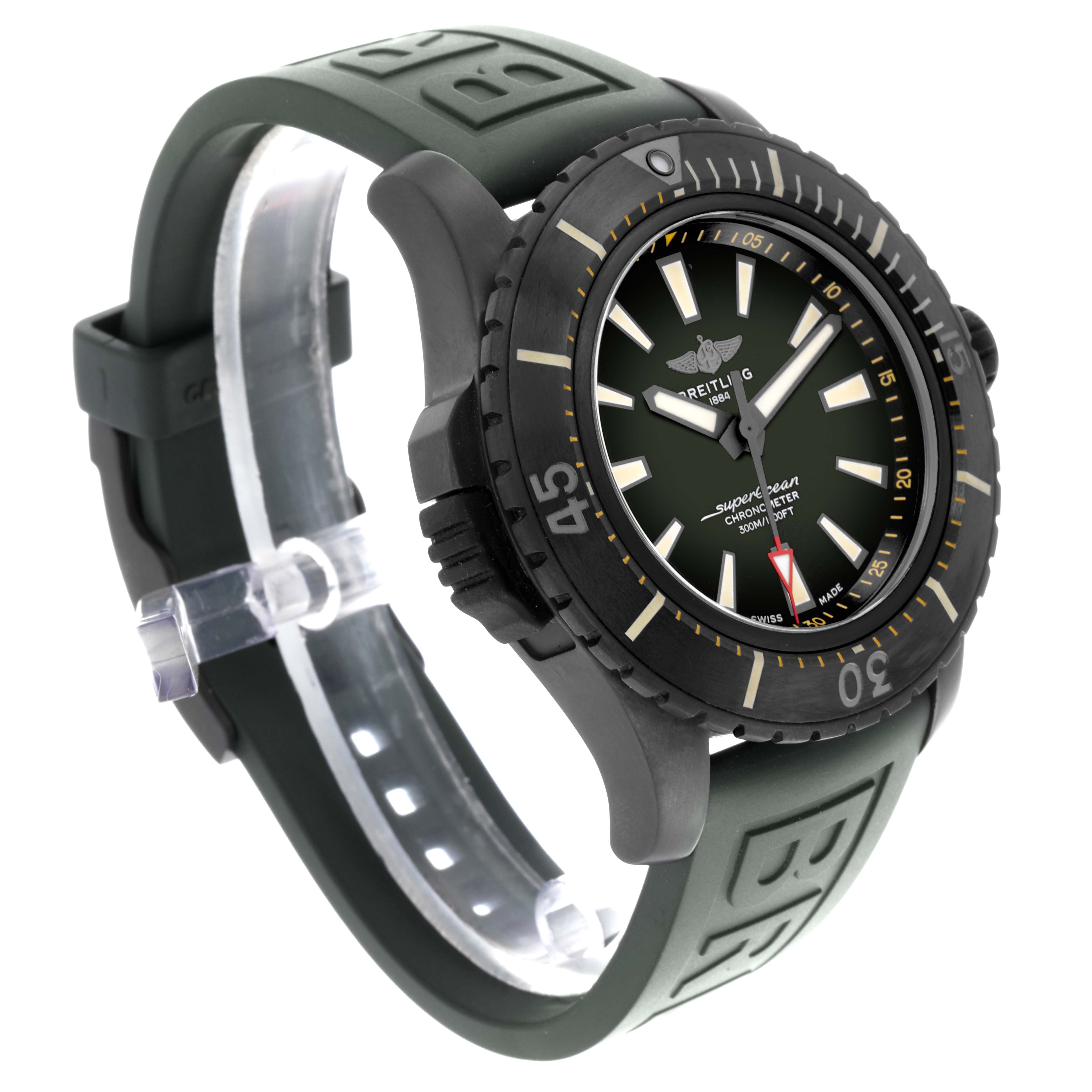 The Breitling Superocean V17369 Men's Titanium Green Dial V17369 Men's Titanium Green Dial watch is shown at an angled side view, displaying the bezel, dial, and strap.