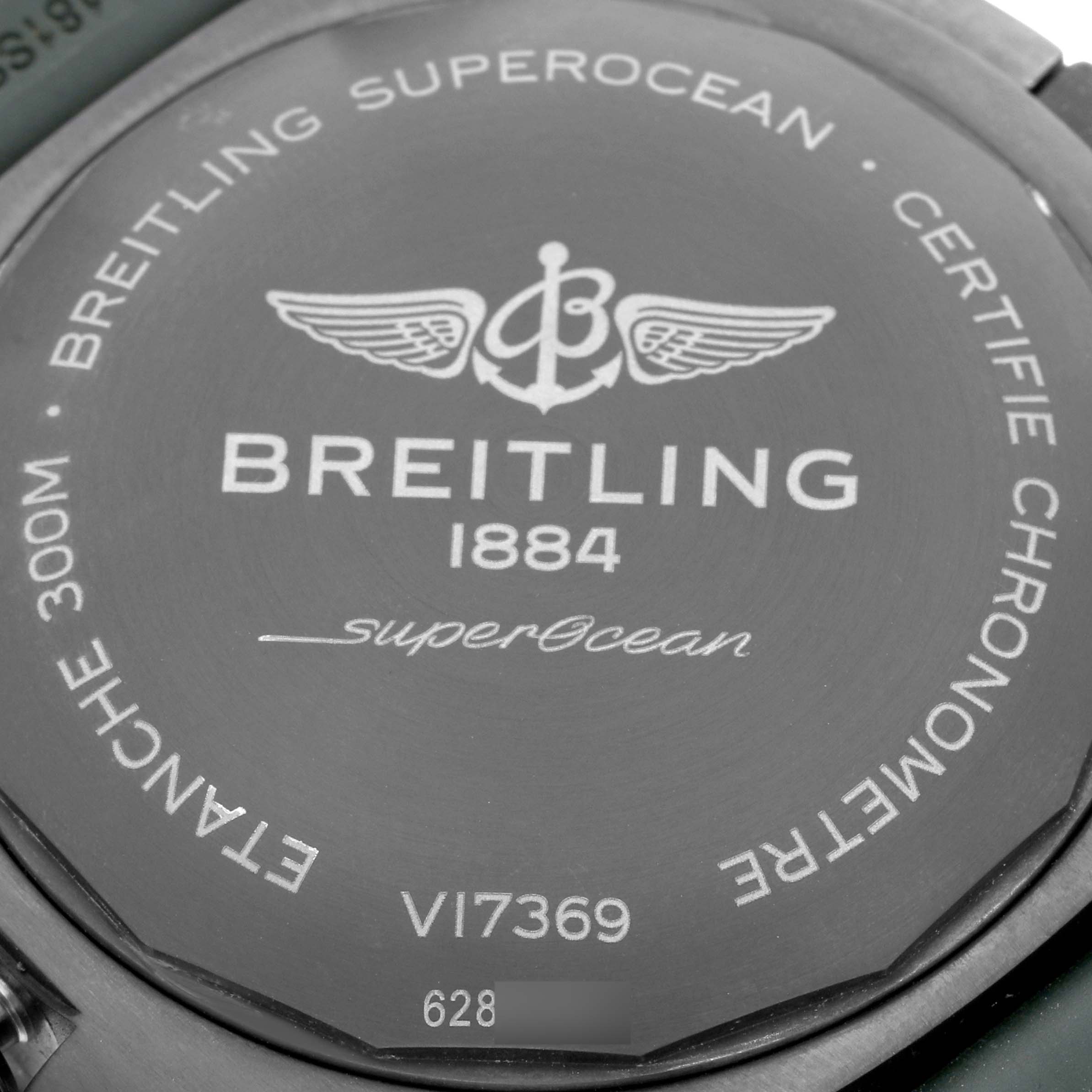 The image shows the back case of a Breitling Superocean V17369 Men's Titanium Green Dial V17369 Men's Titanium Green Dial watch, featuring branding and specifications.