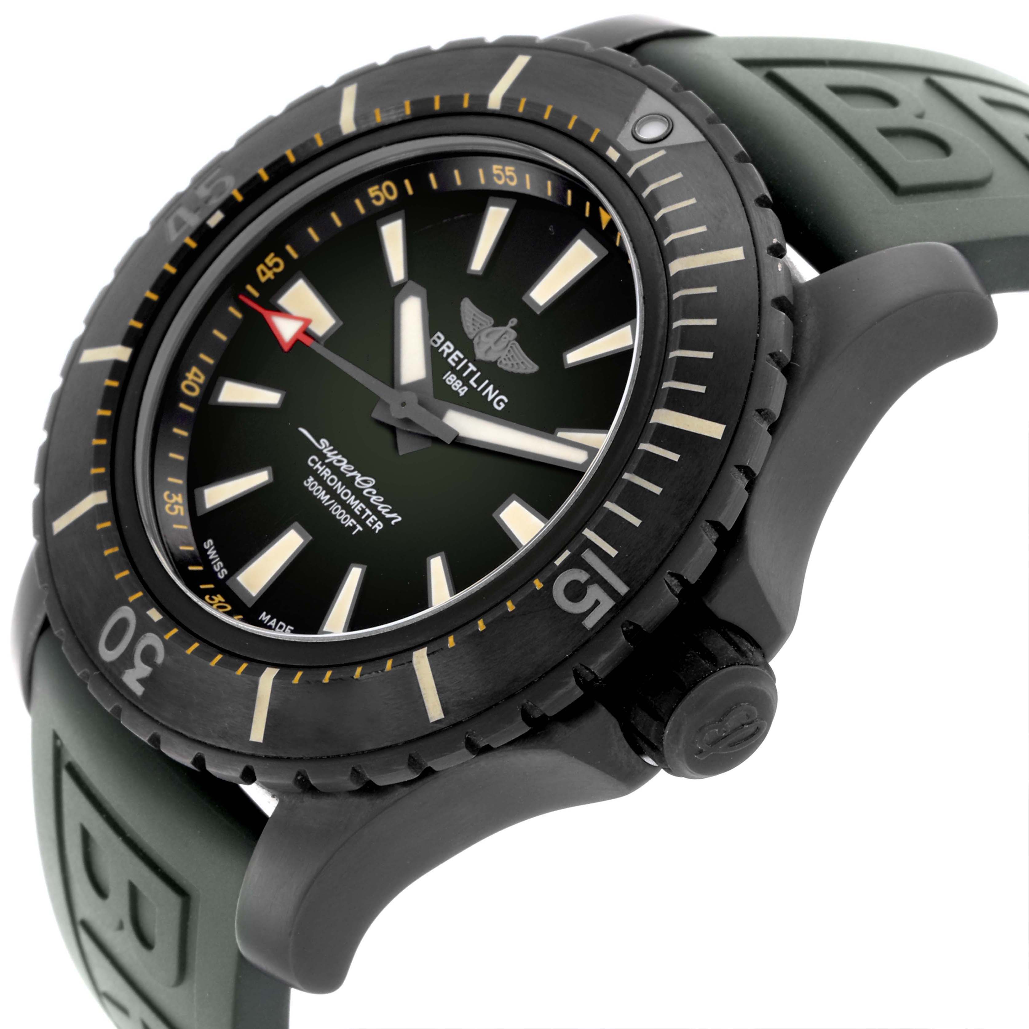 The Breitling Superocean V17369 Men's Titanium Green Dial V17369 Men's Titanium Green Dial watch is shown at a three-quarter angle, highlighting the bezel, crown, and green strap.