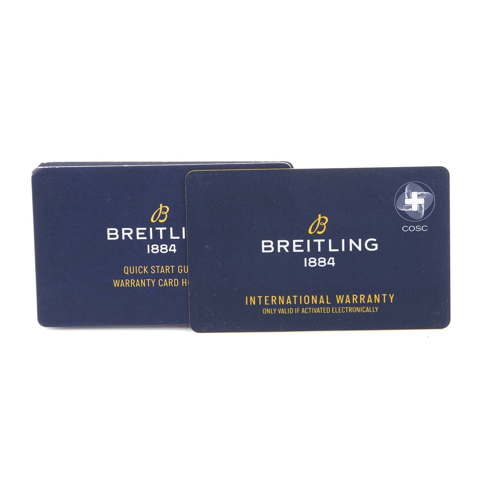 The image shows warranty cards for the Breitling Superocean V17369 Men's Titanium Green Dial V17369 Men's Titanium Green Dial with the brand name and logo visible.