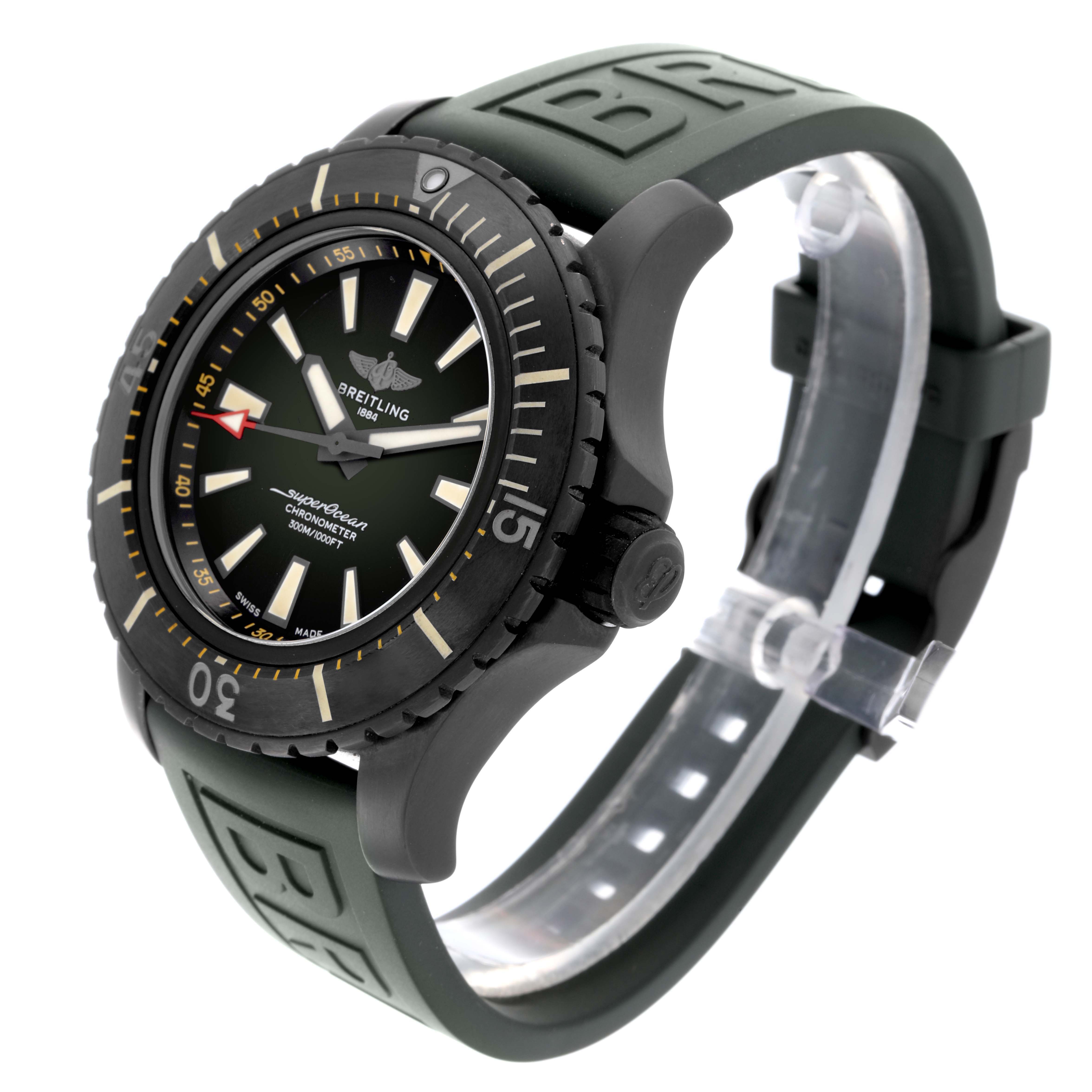 The Breitling Superocean V17369 Men's Titanium Green Dial V17369 Men's Titanium Green Dial watch is shown at a three-quarter angle, highlighting the face, bezel, and part of the rubber strap.