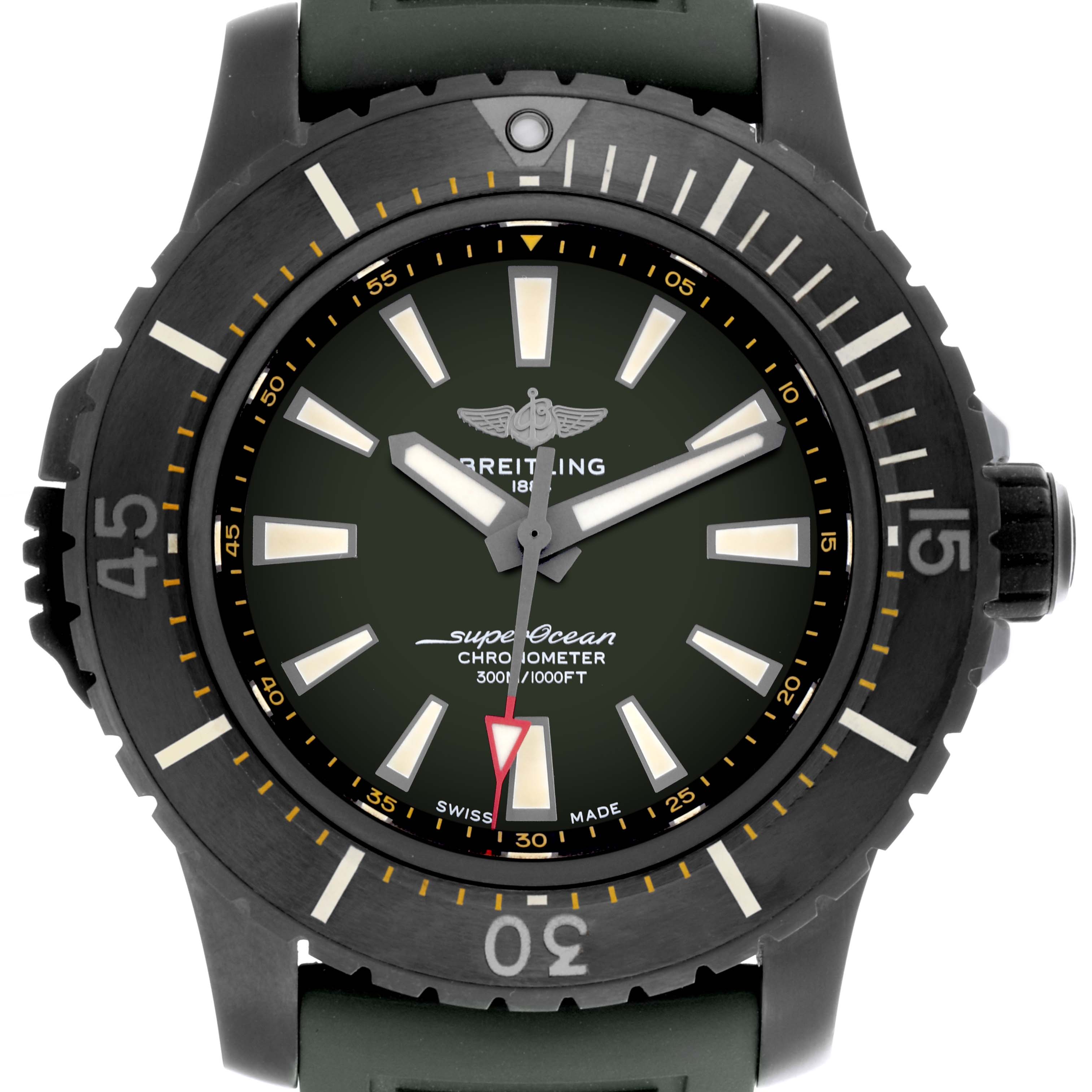 The Breitling Superocean V17369 Men's Titanium Green Dial V17369 Men's Titanium Green Dial watch is shown from a direct front angle, displaying the dial, bezel, and strap.