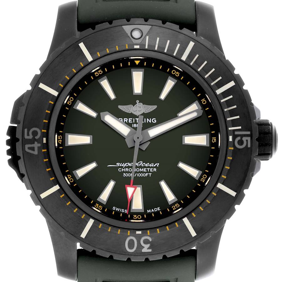 The Breitling Superocean watch is shown from a direct front angle, displaying the dial, bezel, and strap.