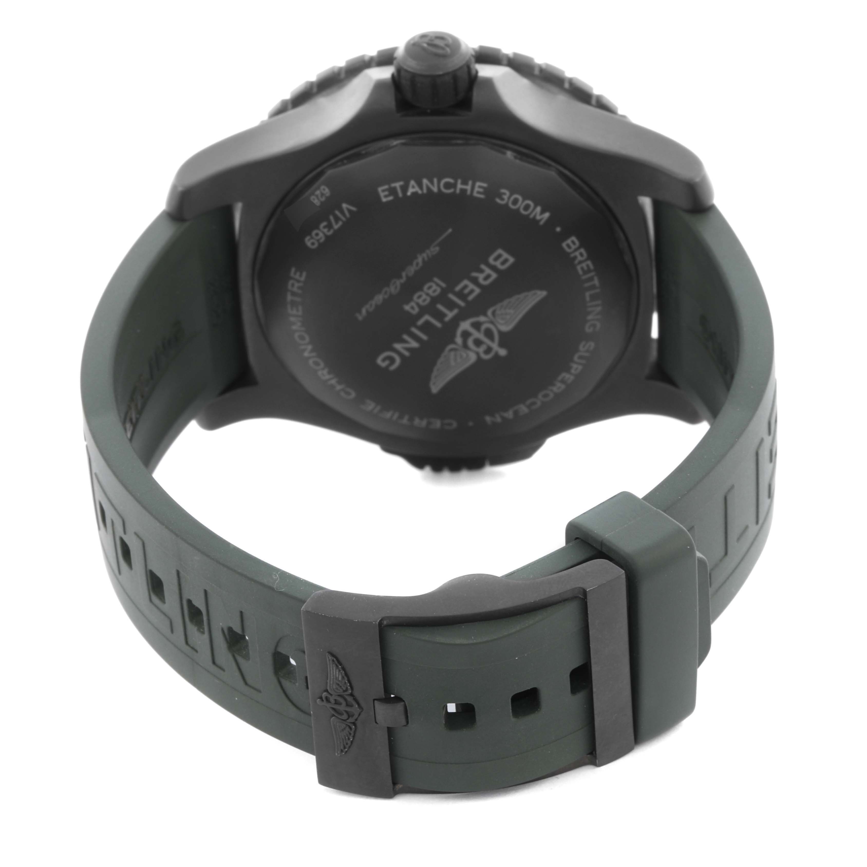 The Breitling Superocean V17369 Men's Titanium Green Dial V17369 Men's Titanium Green Dial watch is shown from the back, highlighting the case back and the green rubber strap with the buckle.