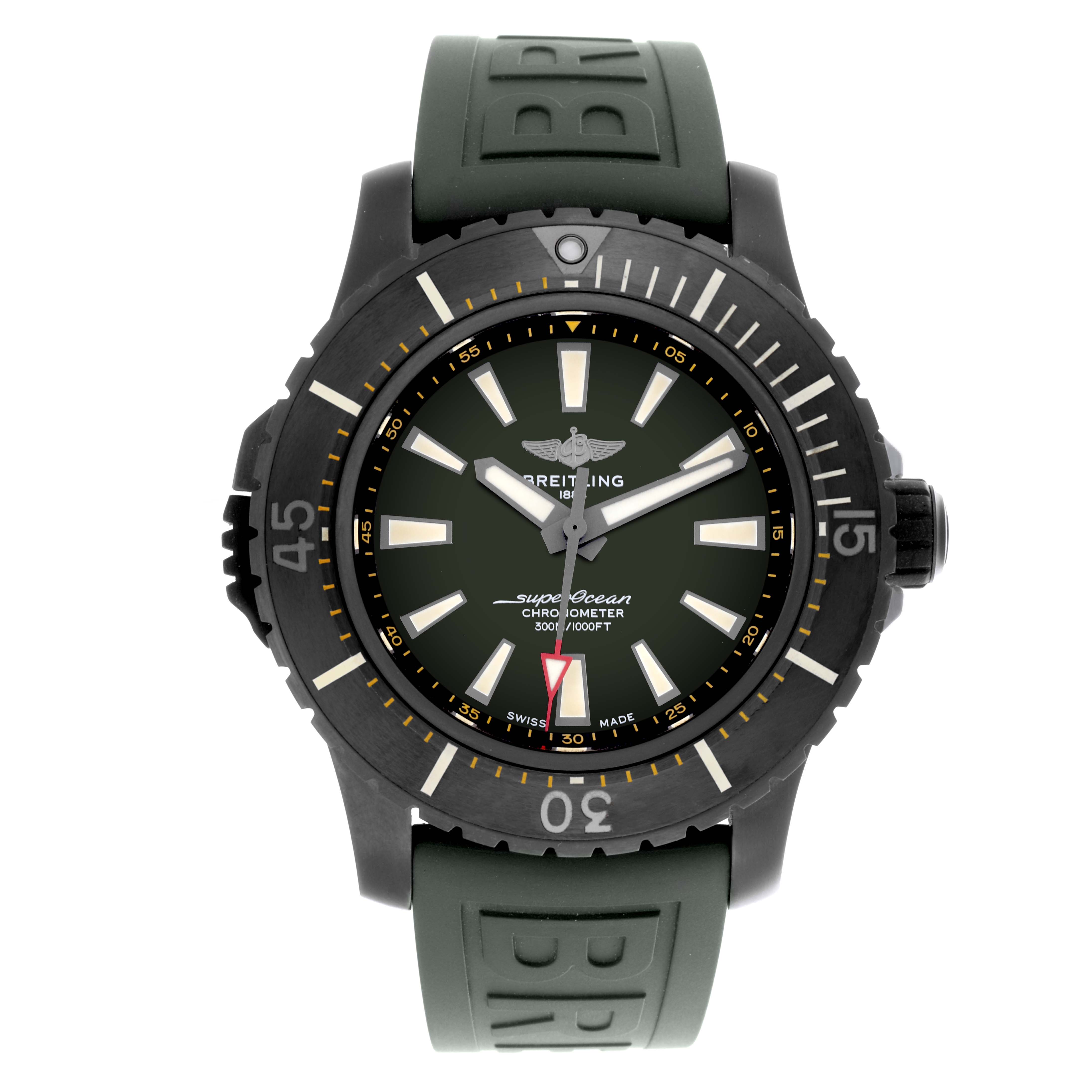 The Breitling Superocean V17369 Men's Titanium Green Dial V17369 Men's Titanium Green Dial watch is shown from a front view, displaying the dial, bezel, and strap.