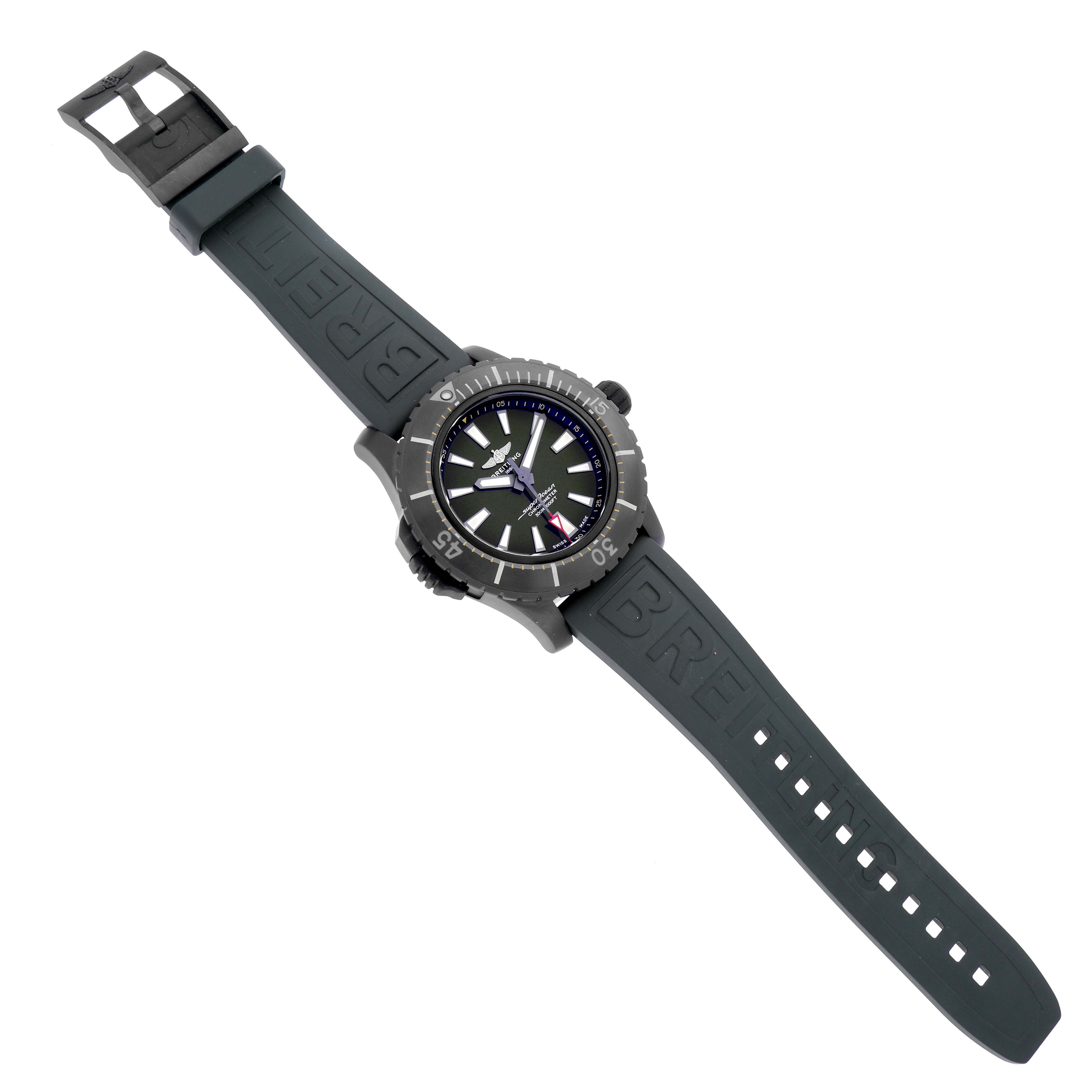 The Breitling Superocean V17369 Men's Titanium Green Dial V17369 Men's Titanium Green Dial watch is shown from a top view, displaying its green dial, bezel, and strap with branding.